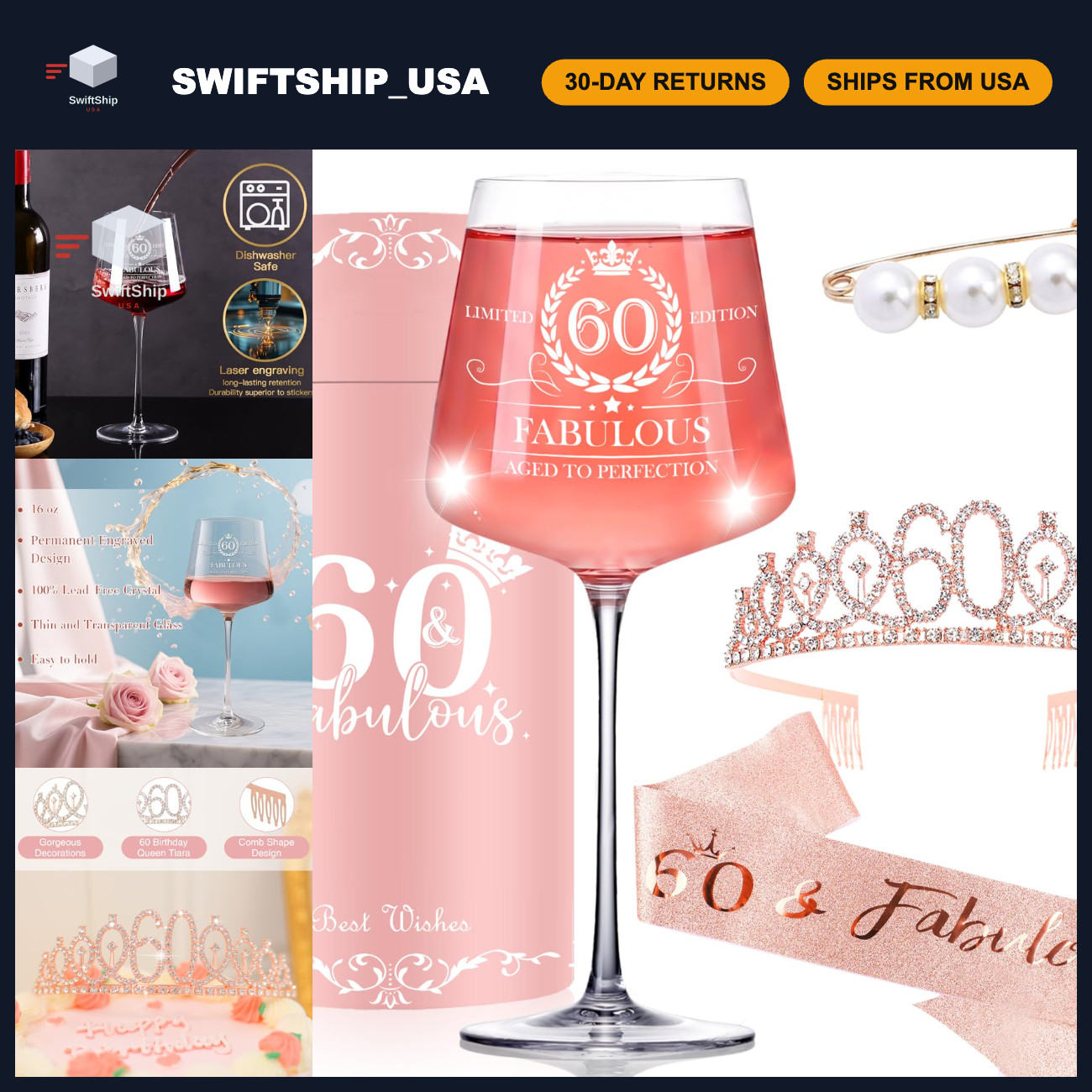 60th Birthday Gifts for Women - Sash, Crown, Rhinestone Tiara & Engraved Wine Gl 60th Birthday Gifts for Women - Sash, Crown, Rhinestone Tiara & Engraved Wine Gl