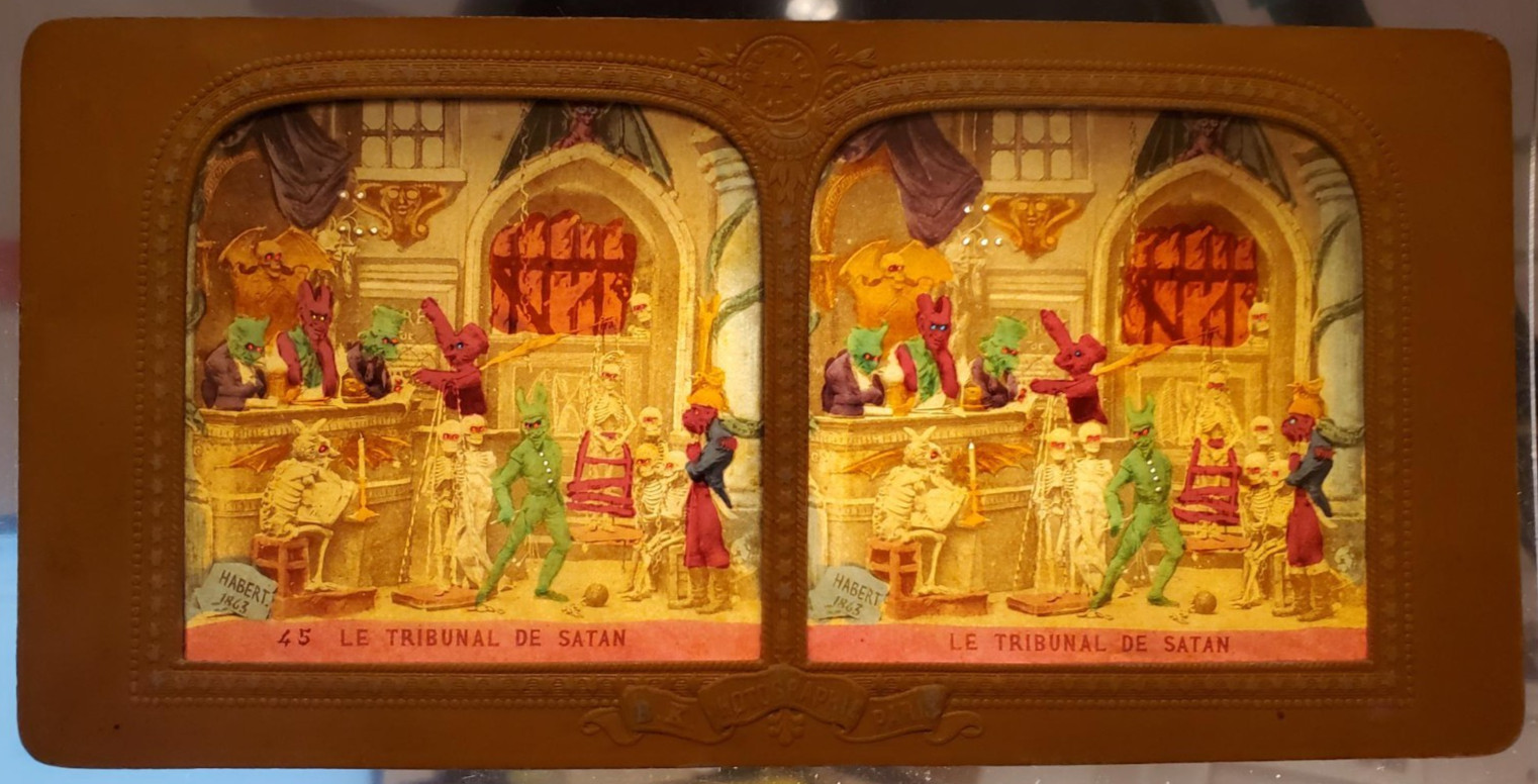 FRANCE 1860s Block BK Tissue Stereoview Satan Diableries Tribunal HOLD TO LIGHT