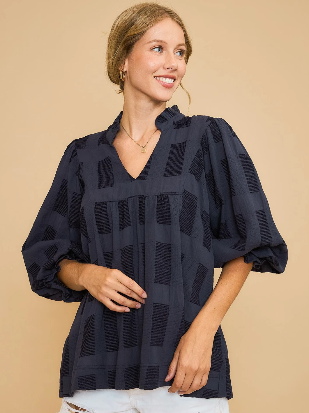 Umgee Navy Checkered Jacquard Blouse with 3/4 Puff Sleeves Umgee Navy Checkered Jacquard Blouse with 3/4 Puff Sleeves