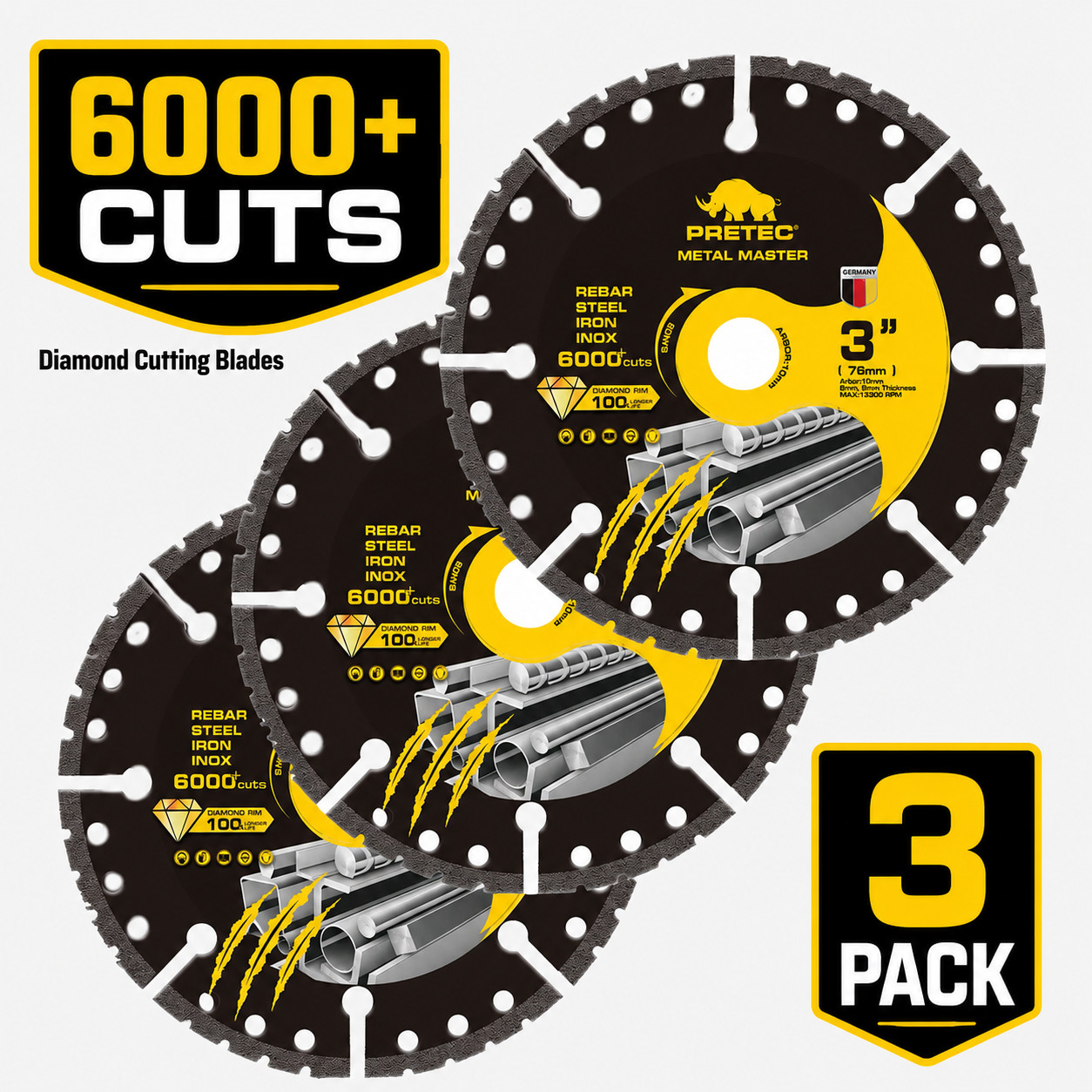 3 in Diamond Cut Off Wheel 3/8 Arbor Heavy Duty Metal Disc 6000+Cuts Die Grinder