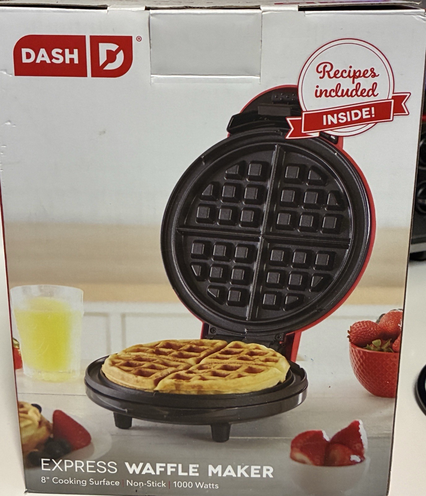 DASH Express Waffle Maker 8in Round Non-Stick 1000W Red w/ Recipes