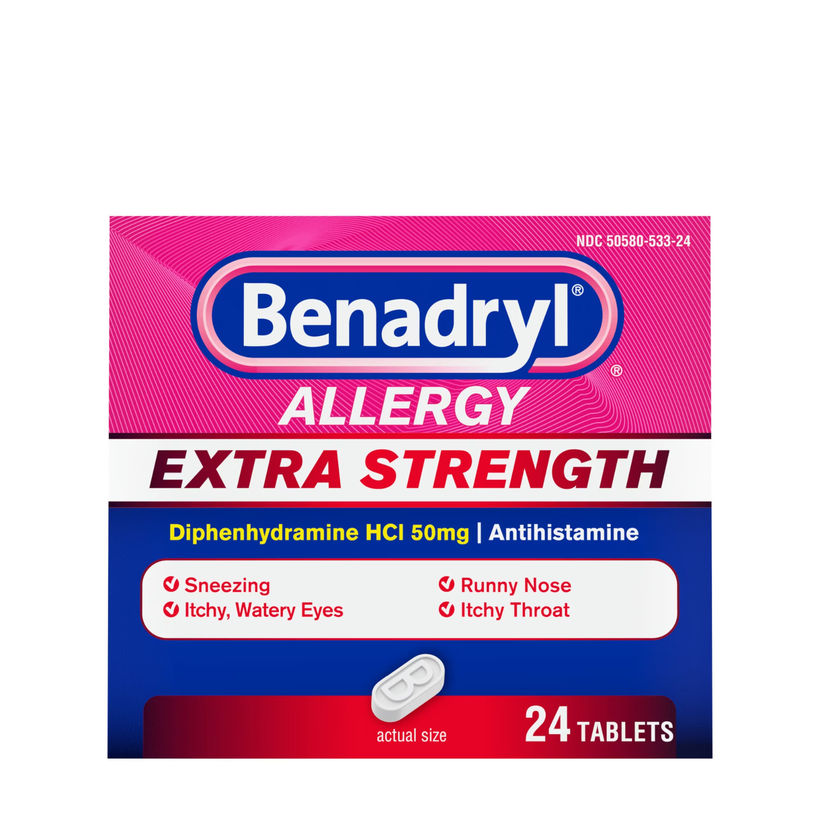Benadryl Extra Strength Relief Allergy Tablets, 50 mg Diphenhydramine HCl, 24 Co