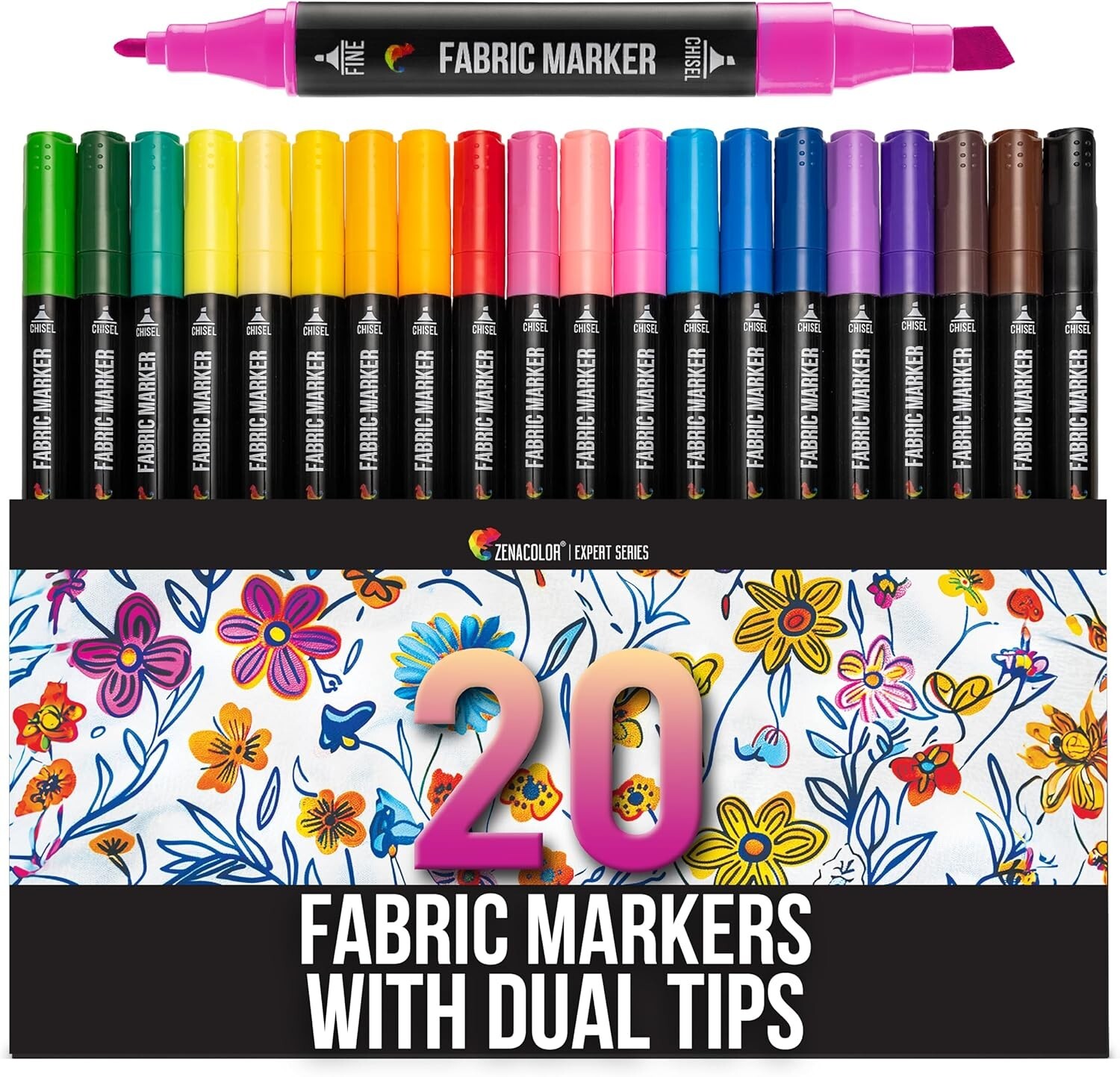 20X Zenacolor Fabric Markers, Dual Tip Fine+Chisel Point, Vivid Permanent Colors
