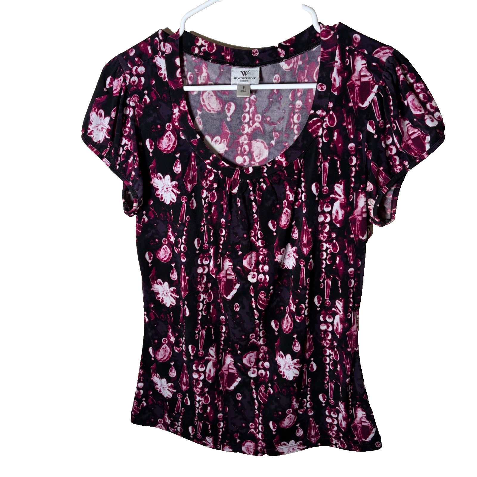Worthington Blouse Women\'s Small Round Neck Short Sleeve Printed Purple Worthington Blouse Women\'s Small Round Neck Short Sleeve Printed Purple