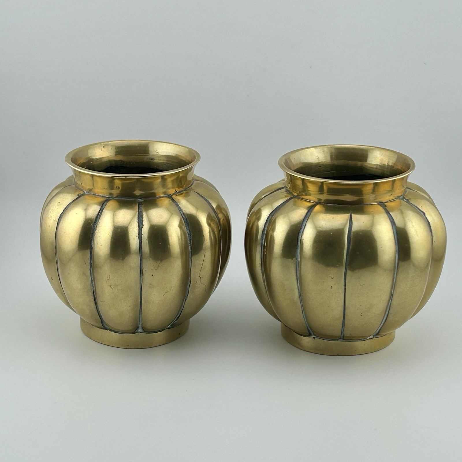 Pair Antique Chinese Bronze Melon Form 12 Lobed Jardinieres Qianlong Mark 4″