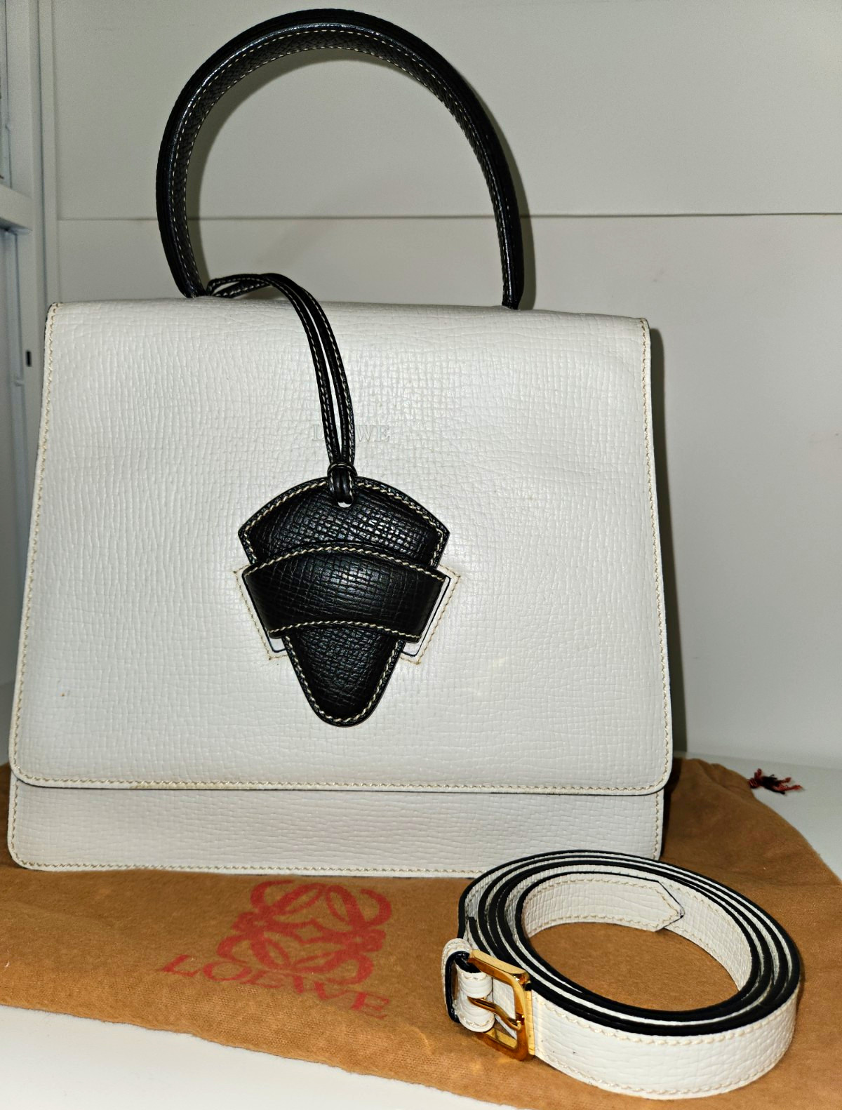 AUTH Loewe Vintage Barcelona 2Way Handbag White Black Leather W/ Strap & Dustbag