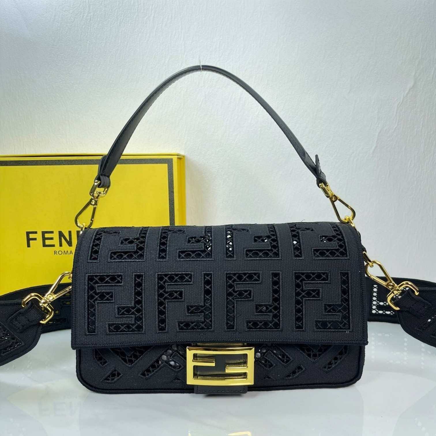 Black FF Openwork Embroidered Canvas Medium Baguette Shoulder Bag - NEW