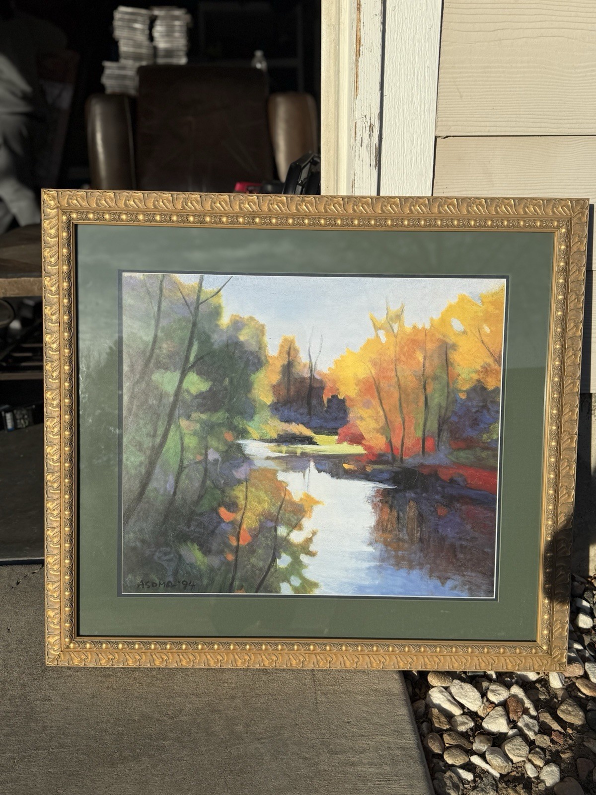 Signed 1994 Original Autumn Landscape Painting – Ornate Gold Frame