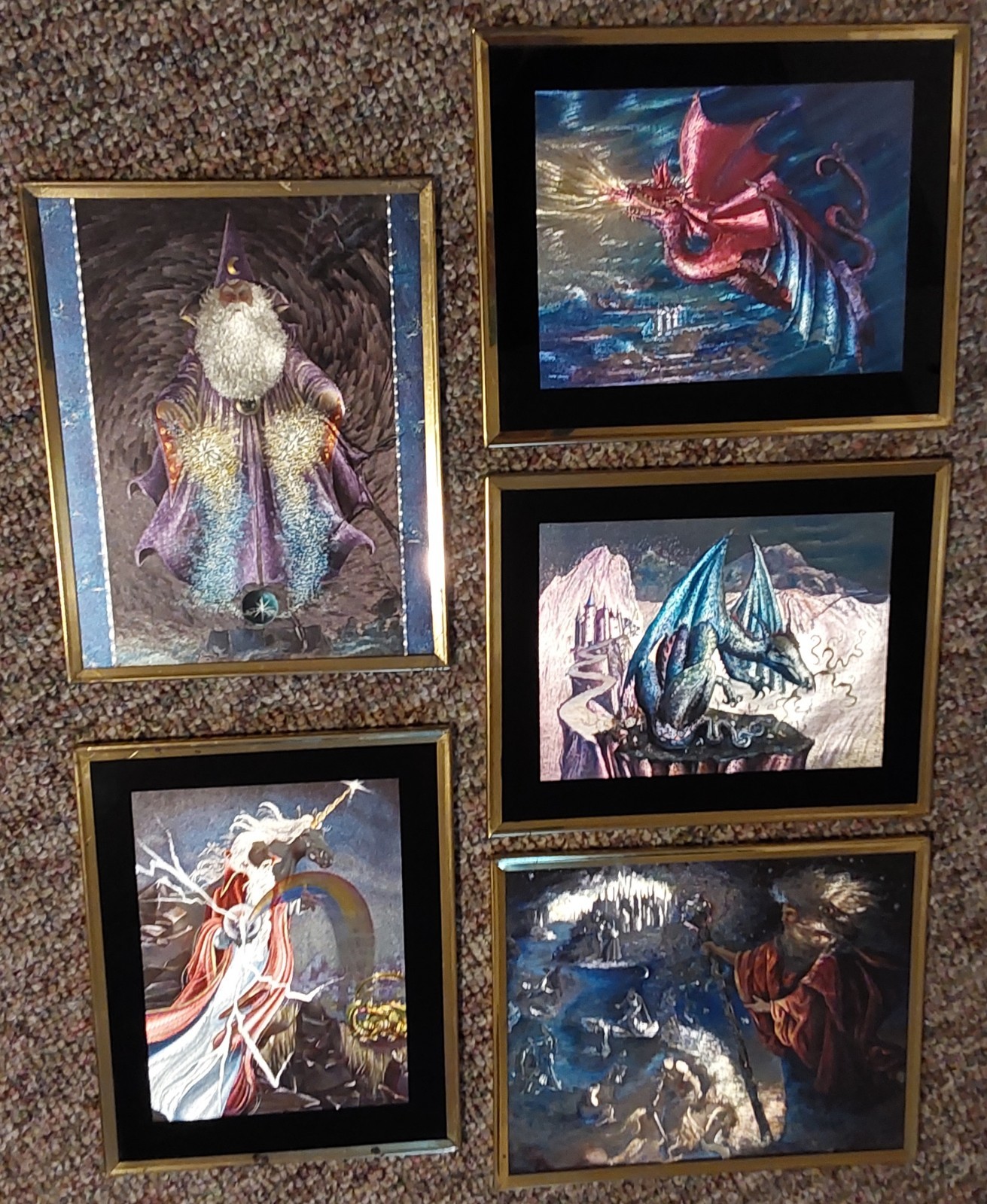 Vintage Lot 1980s Dufex Foil Art Prints Wizard Holographs Framed Dragon Unicorn 