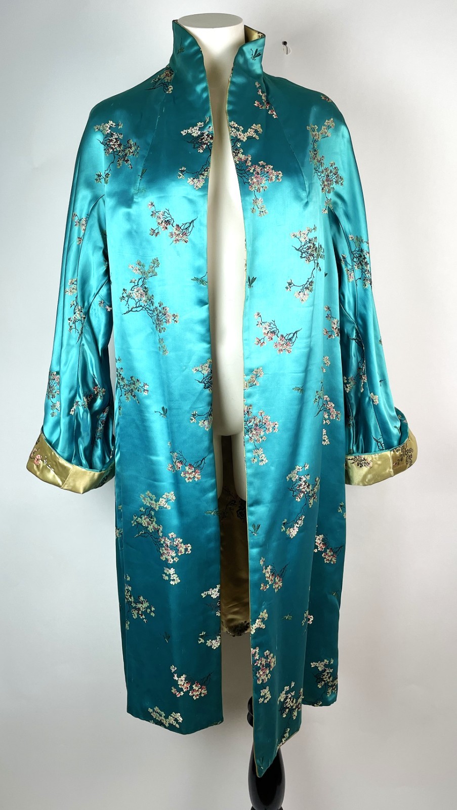 Vintage Mid Century Jacquard Satin Reversible Blue Gold Kimono Robe XL UNISEX