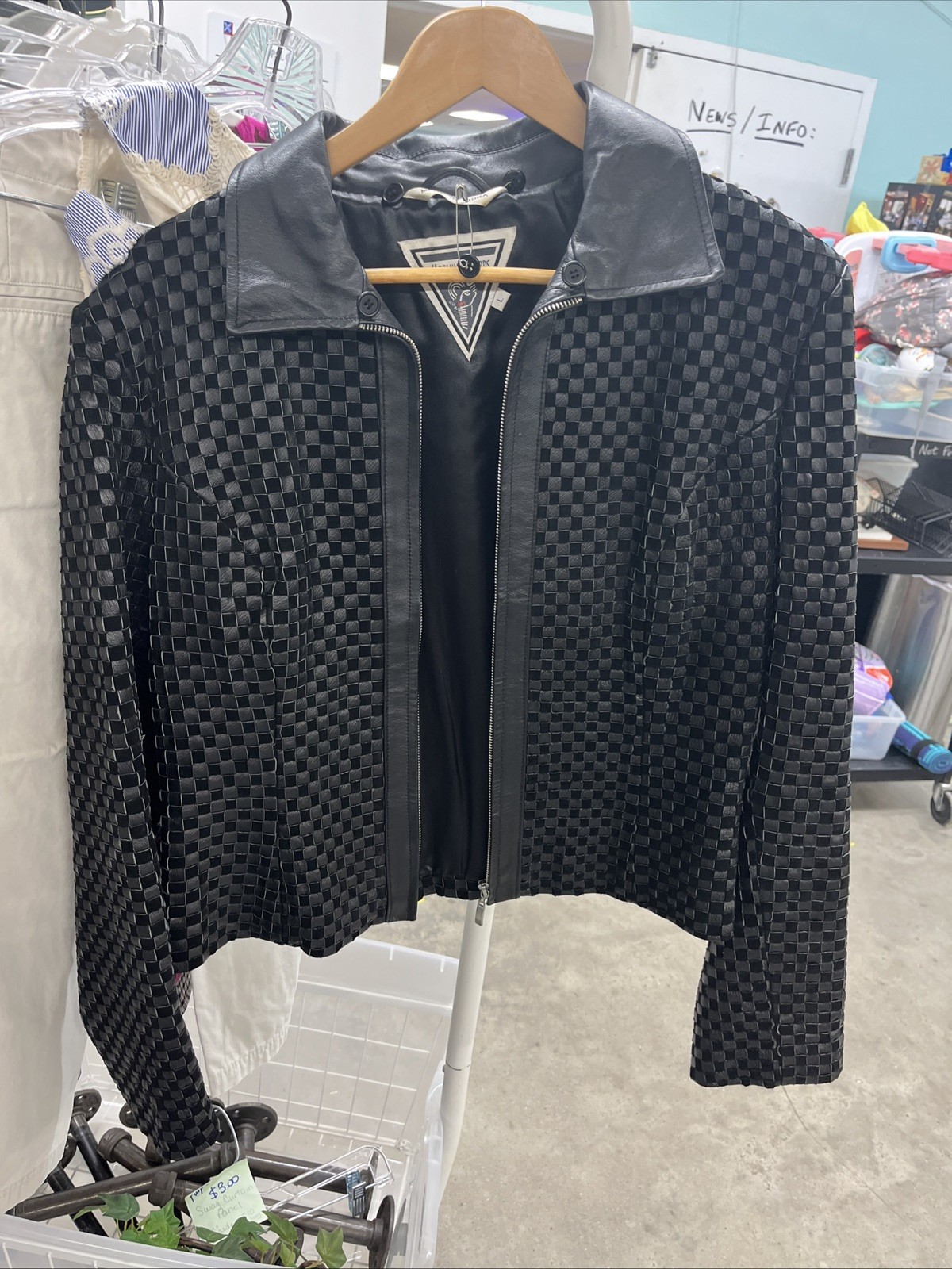 Marvin Richards Womens M Black Genuine Leather Woven Checkerboard Jacket Zip