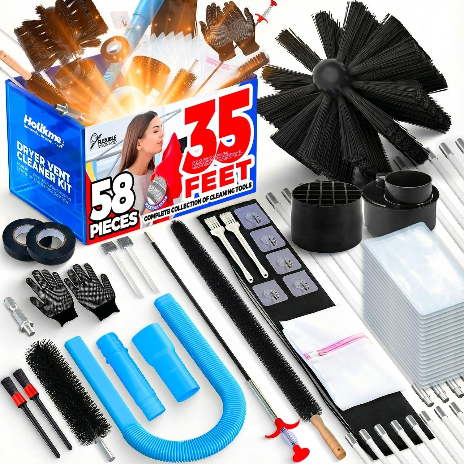 Holikme 50 Pieces 32 Feet Dryer Vent Cleaner Kit, Dryer Cleaning Tools, Include