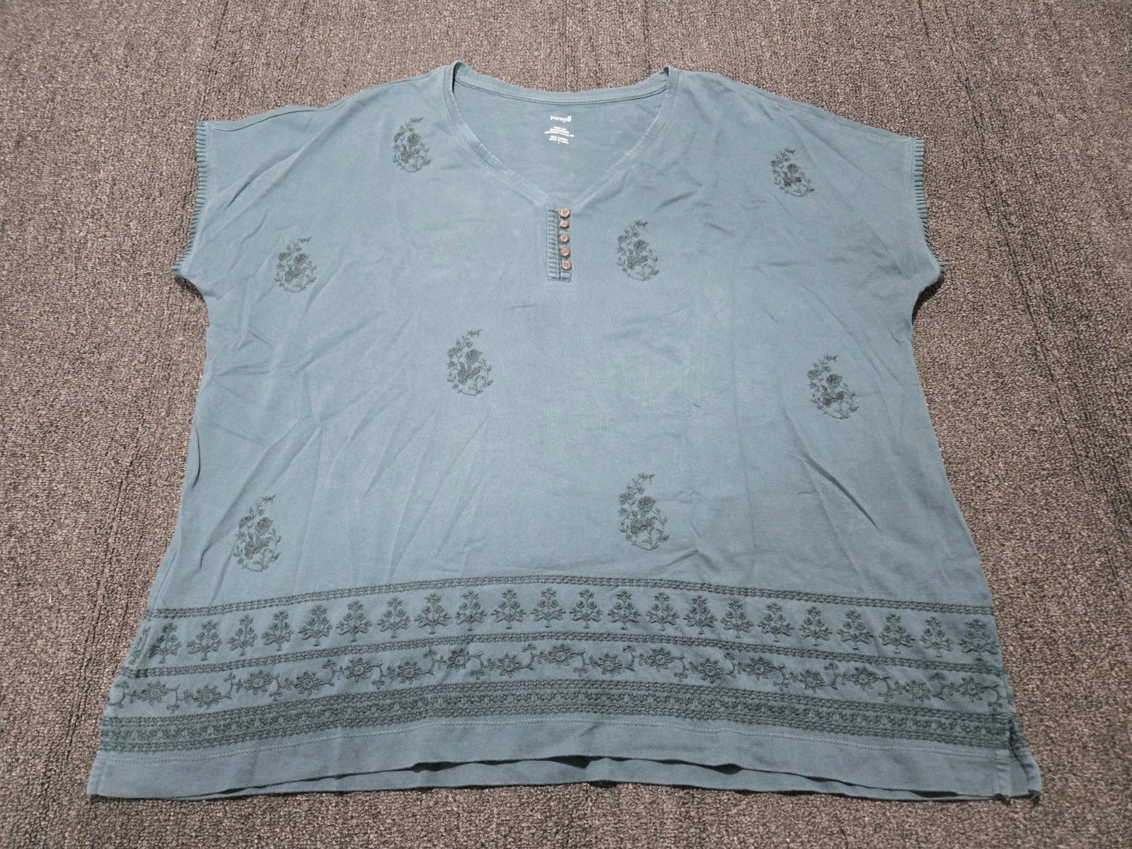 J.Jill Pure Jill Embroidered Tee Womens Large Blue Buttoned V Neck Boho Floral