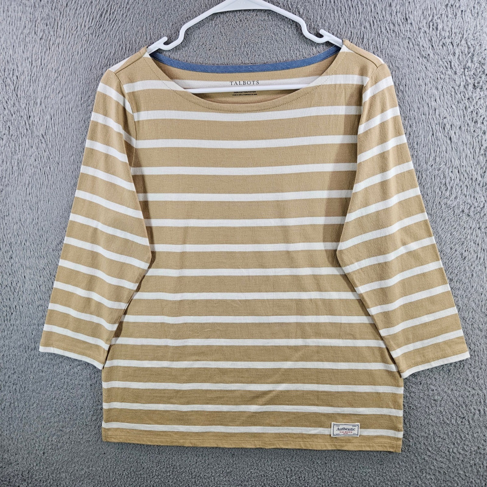 Talbots Authentic Tan White Striped Cotton Boat Neck 3/4 Sleeve Top Size M