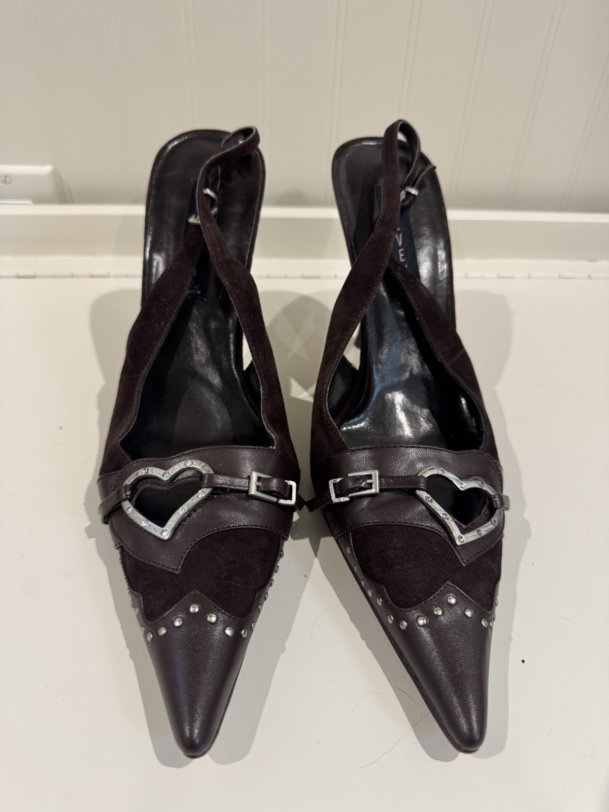 Rare Vintage Steve Madden Women\'s Brown Heart Cutout Slingback Heels 10M