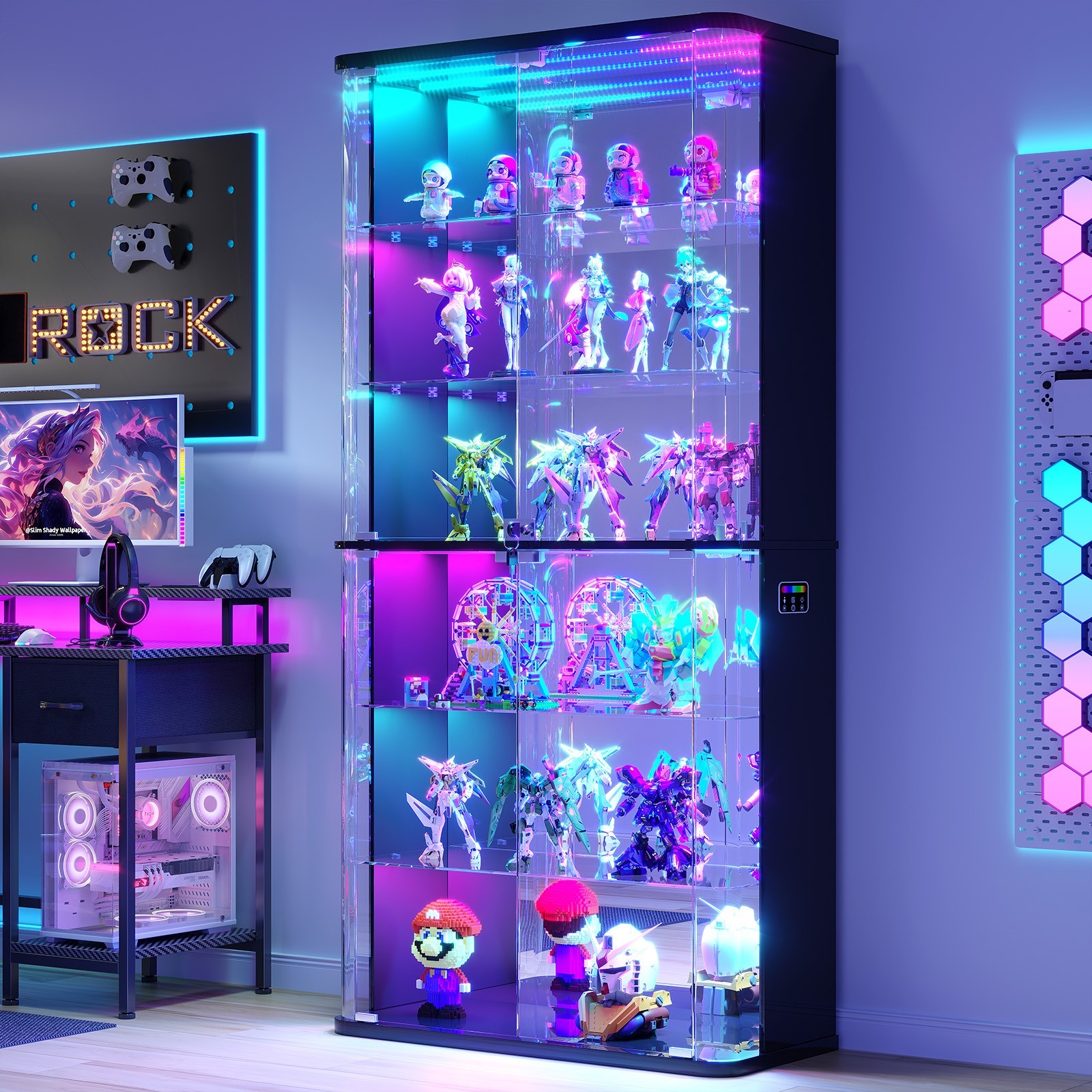 71in 6-Tier Rounded Glass Display Cabinet RGB Light Lockable Trophy Living Room