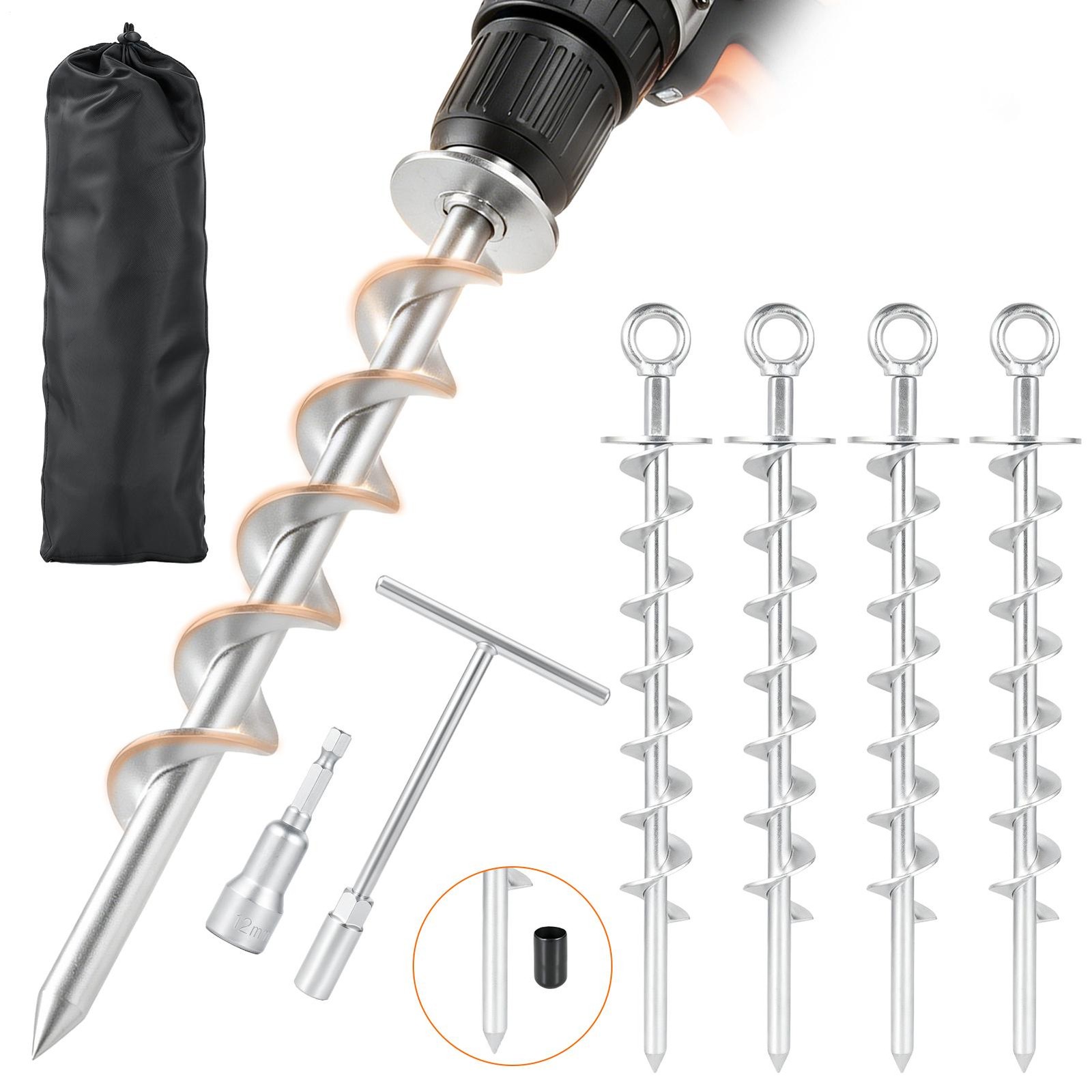 Ground Anchors Screw In Heavy Duty, 4 Pack 15 Inch Spiral Earth-Silver