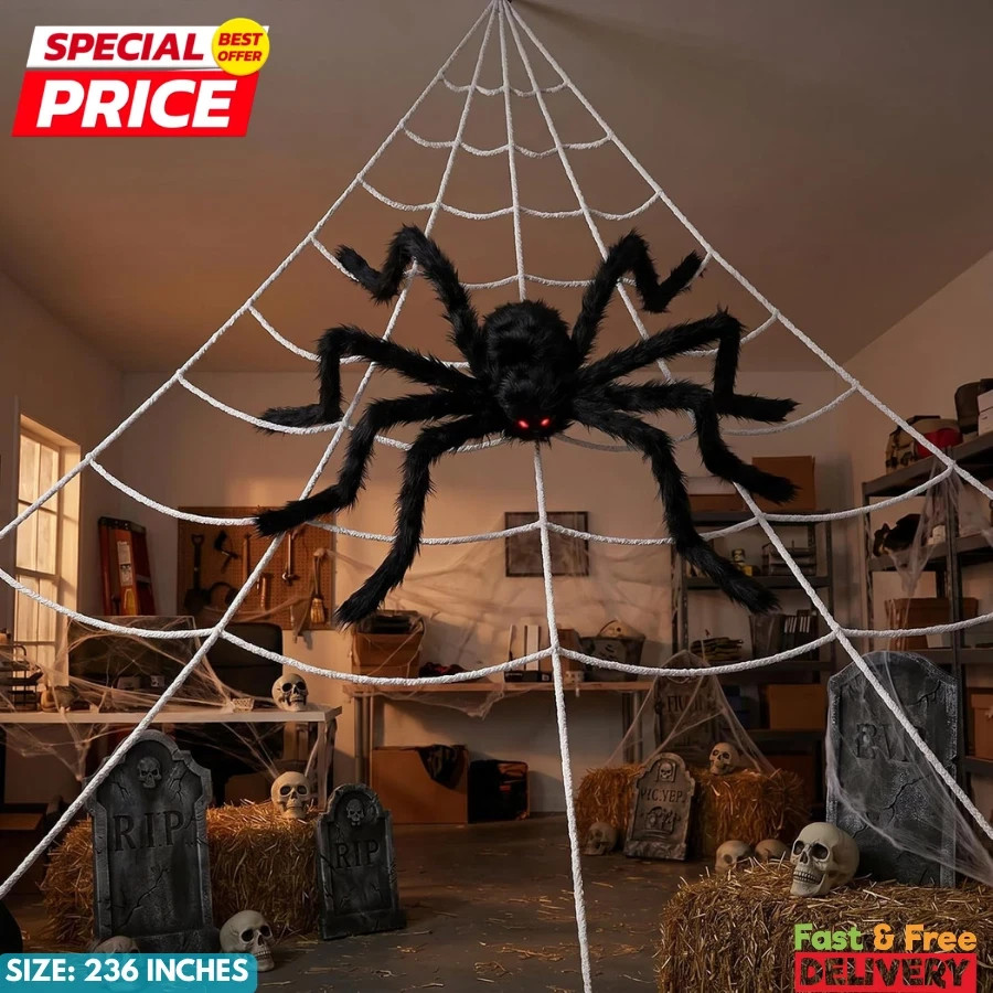 236\'\' Big Spider Web Halloween Decor+70\'\' Huge Spider for Roof with Triangular B