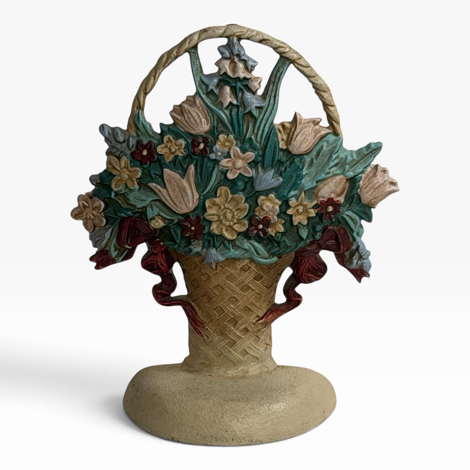 Vintage Cast Iron Flower Basket Doorstop Hand Painted Tulips Floral 8 Inch