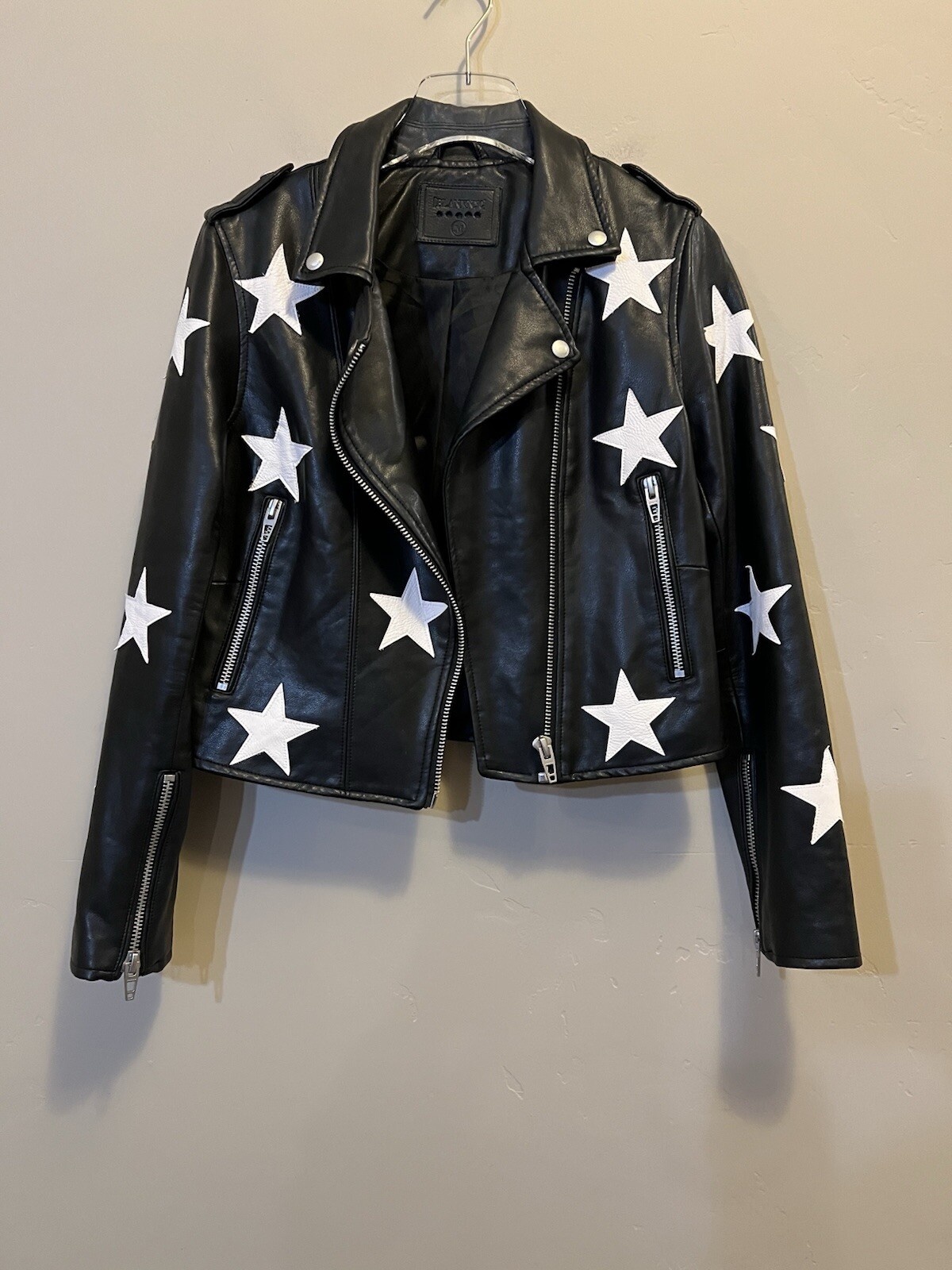 BLANKNYC Biker Jacket Womens M Black Vegan Leather White Stars Moto Zip