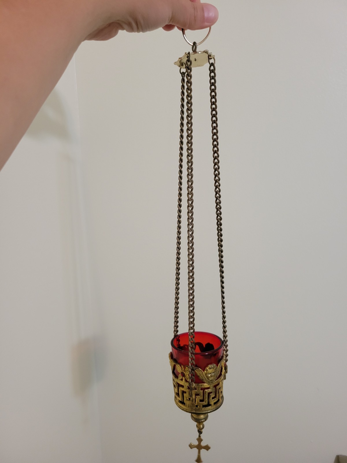 Vtg Greek Orthodox Hanging Vigil Lamp Red Glass Gold Chain Angel Butterfly 18\ Vtg Greek Orthodox Hanging Vigil Lamp Red Glass Gold Chain Angel Butterfly 18\