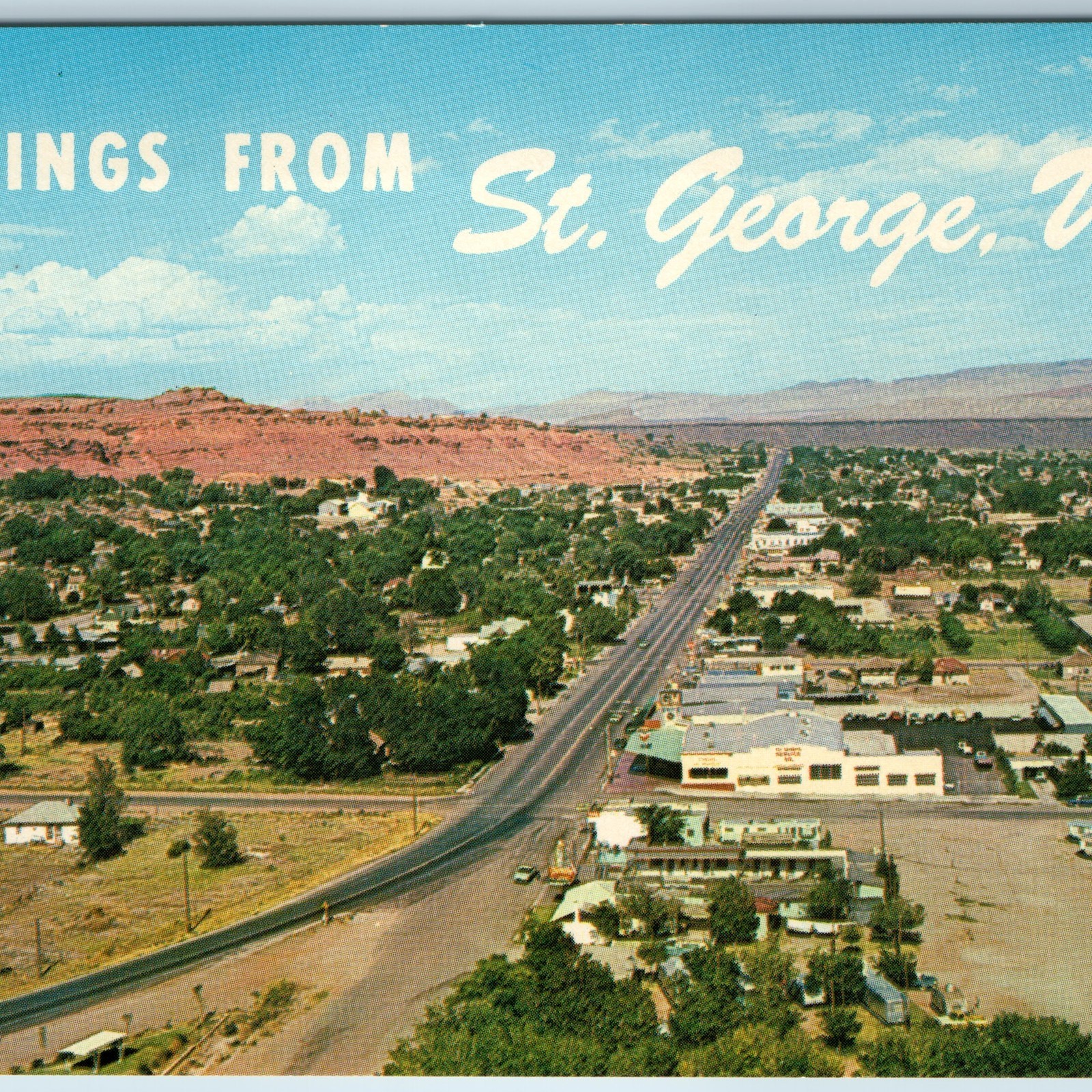 c1960s St. George, UT Aerial View Postcard Highway Trailer Park Dixie Valley PC