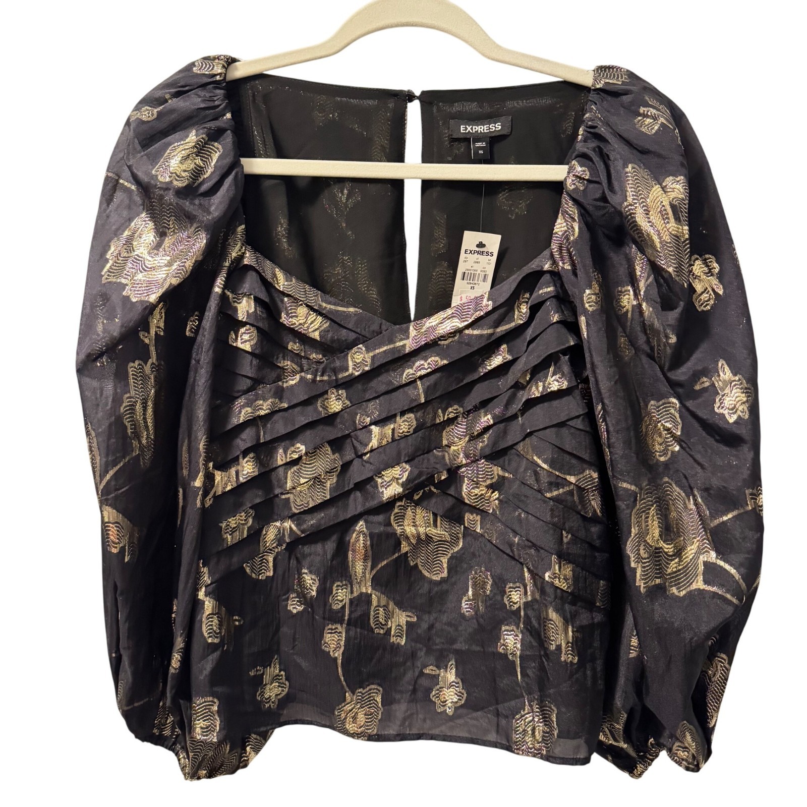 Express Black & Gold Floral Puff Sleeve Pleated Blouse Sz  XS Blouse. NWT