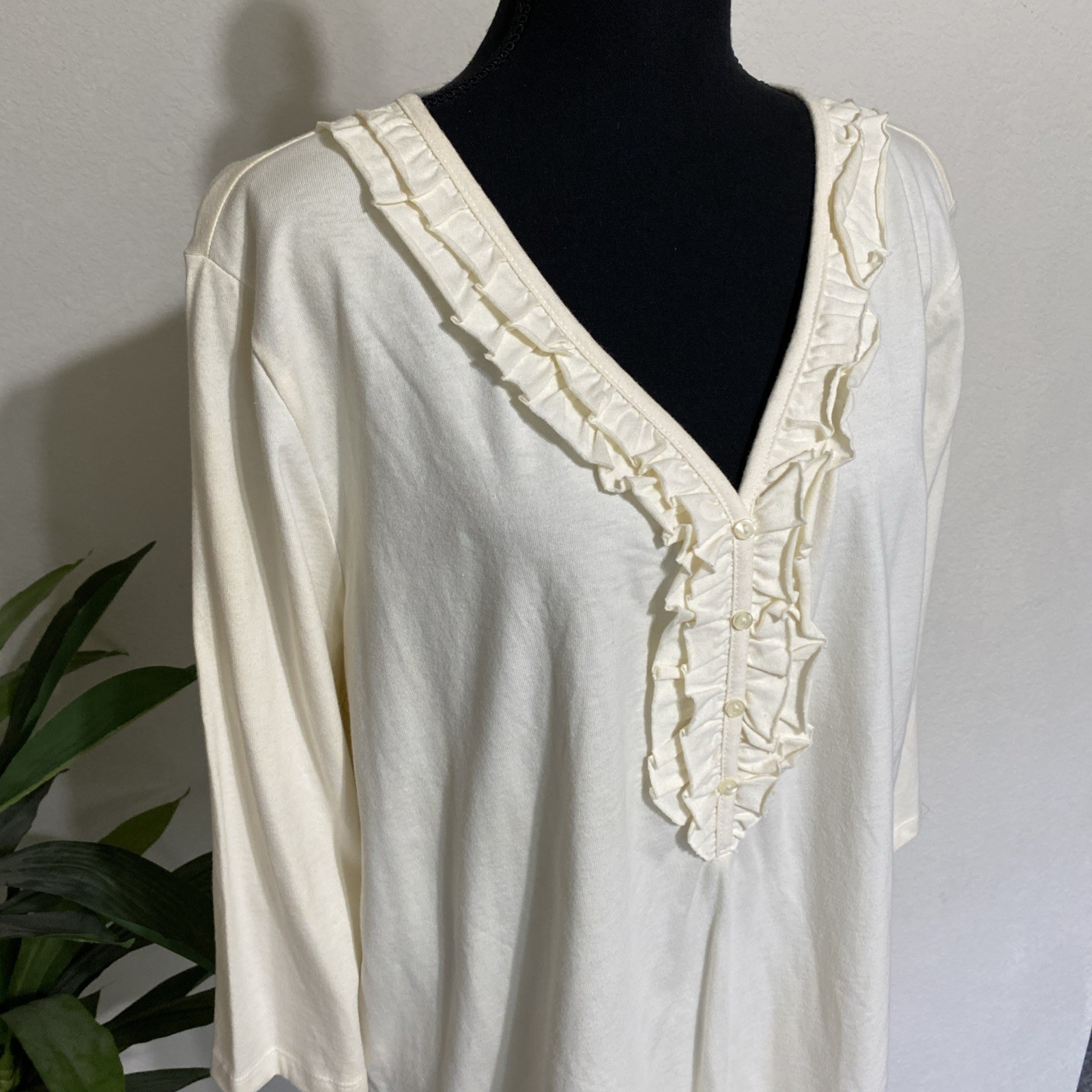 Karen Scott NEW 1X Cream Ruffle VNeck 3/4 Sleeve Pullover Knit Top 100% Cotton