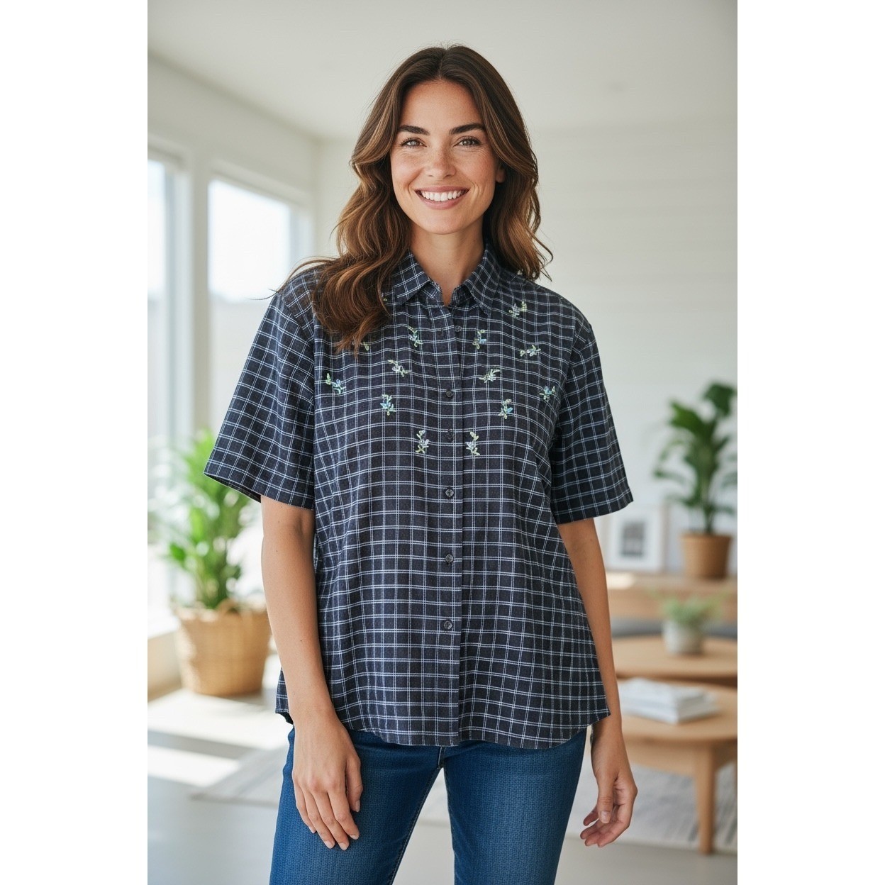 CST Sport Women\'s Plaid Short Sleeve Button Down Shirt Floral Embroidery 1X