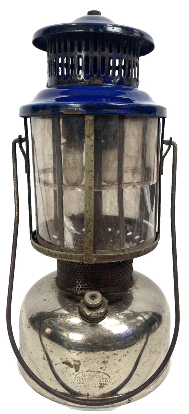 Antique AGM American Gas Machine Pressure Lantern Blue Vent Mica Globe Untested