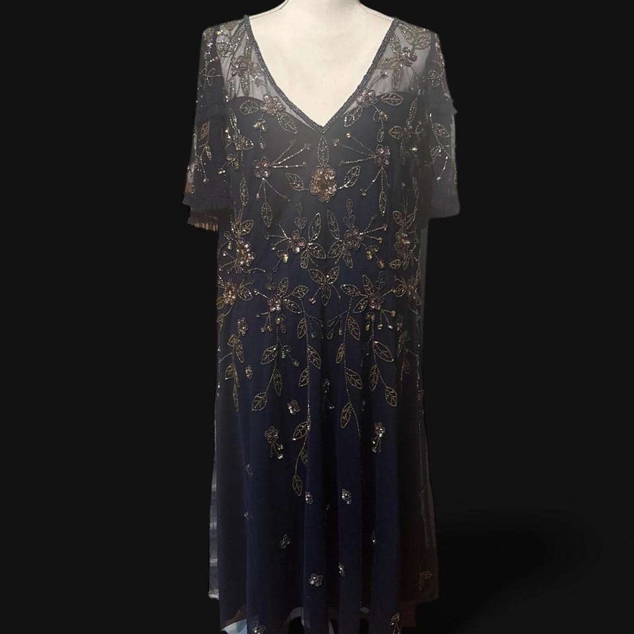 Adrianna Papell Navy Blue Floral Maxi Dress Size 18 Flutter Sleeve Formal Gown Adrianna Papell Navy Blue Floral Maxi Dress Size 18 Flutter Sleeve Formal Gown