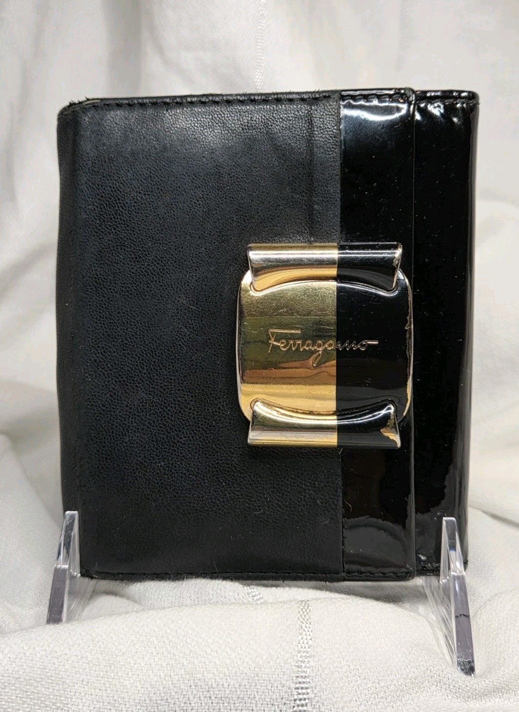 Vintage Salvatore Ferragamo Black Nappa Leather + Patent Trifold Wallet 