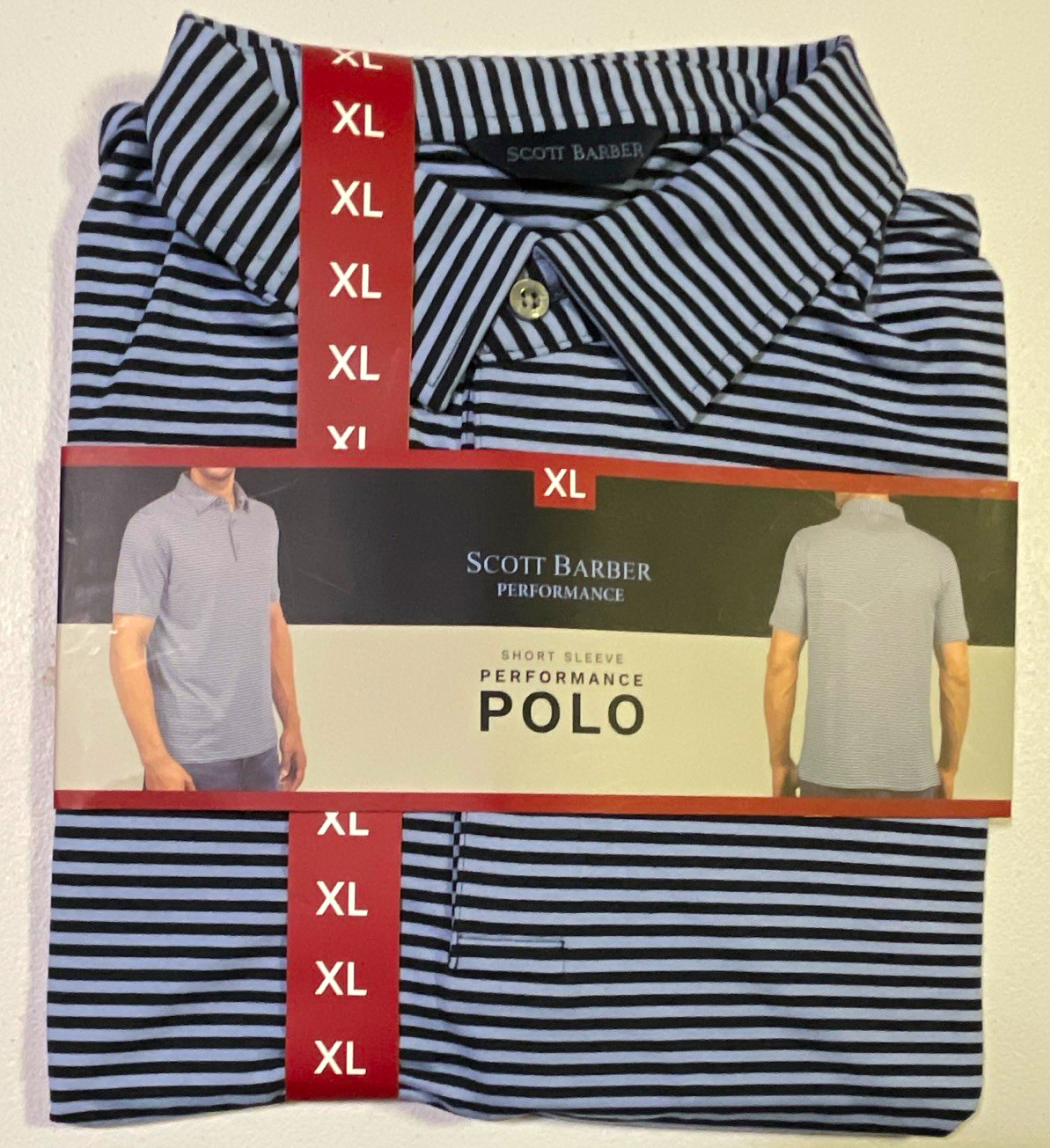 Scott Barber Performance Men\'s Striped Short Sleeve Collared Polo Light Blue XL Scott Barber Performance Men\'s Striped Short Sleeve Collared Polo Light Blue XL