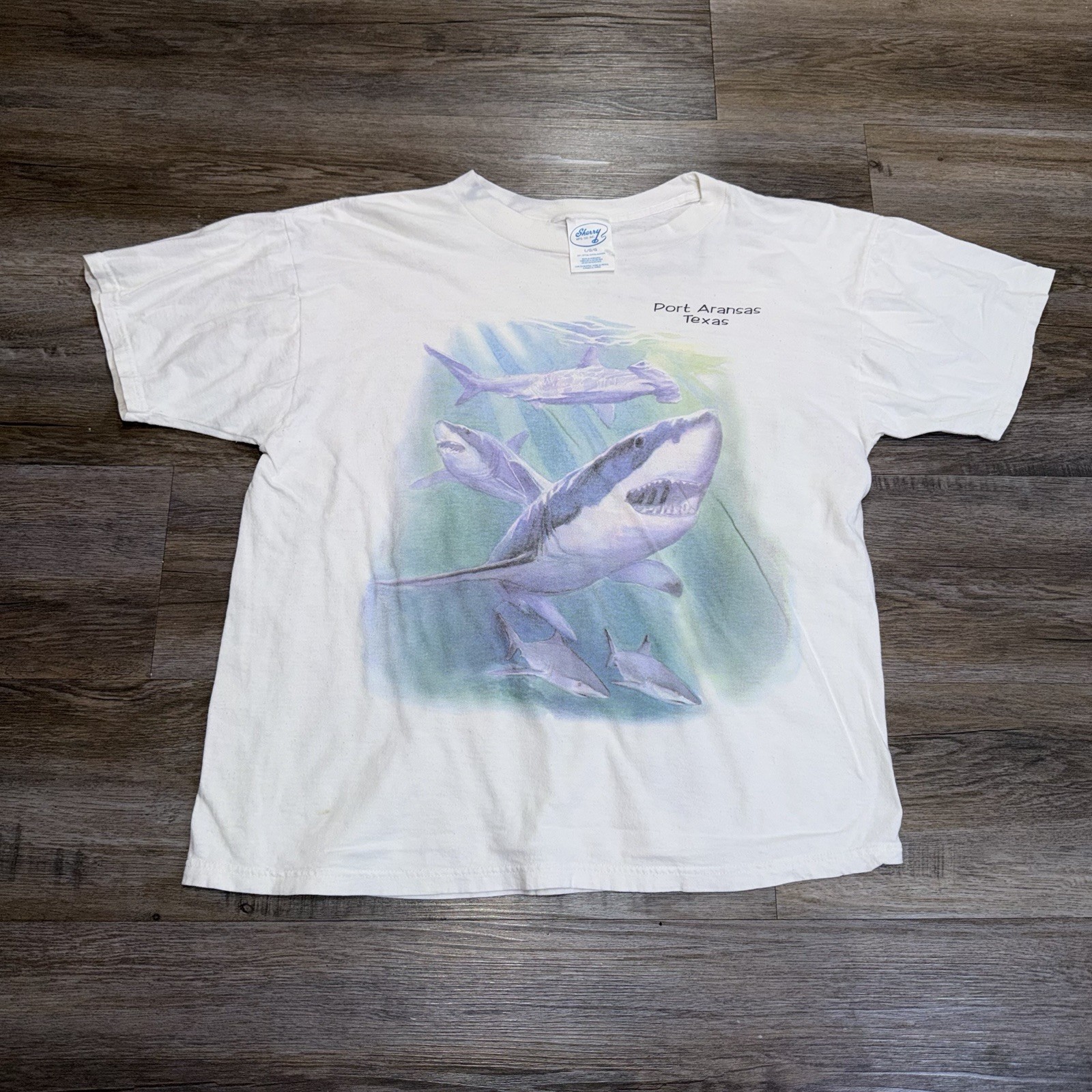 VTG Sherry Mfg. Co. Inc. Graphic Shirt Mens/Unisex L Shark Art Port Aransas TX
