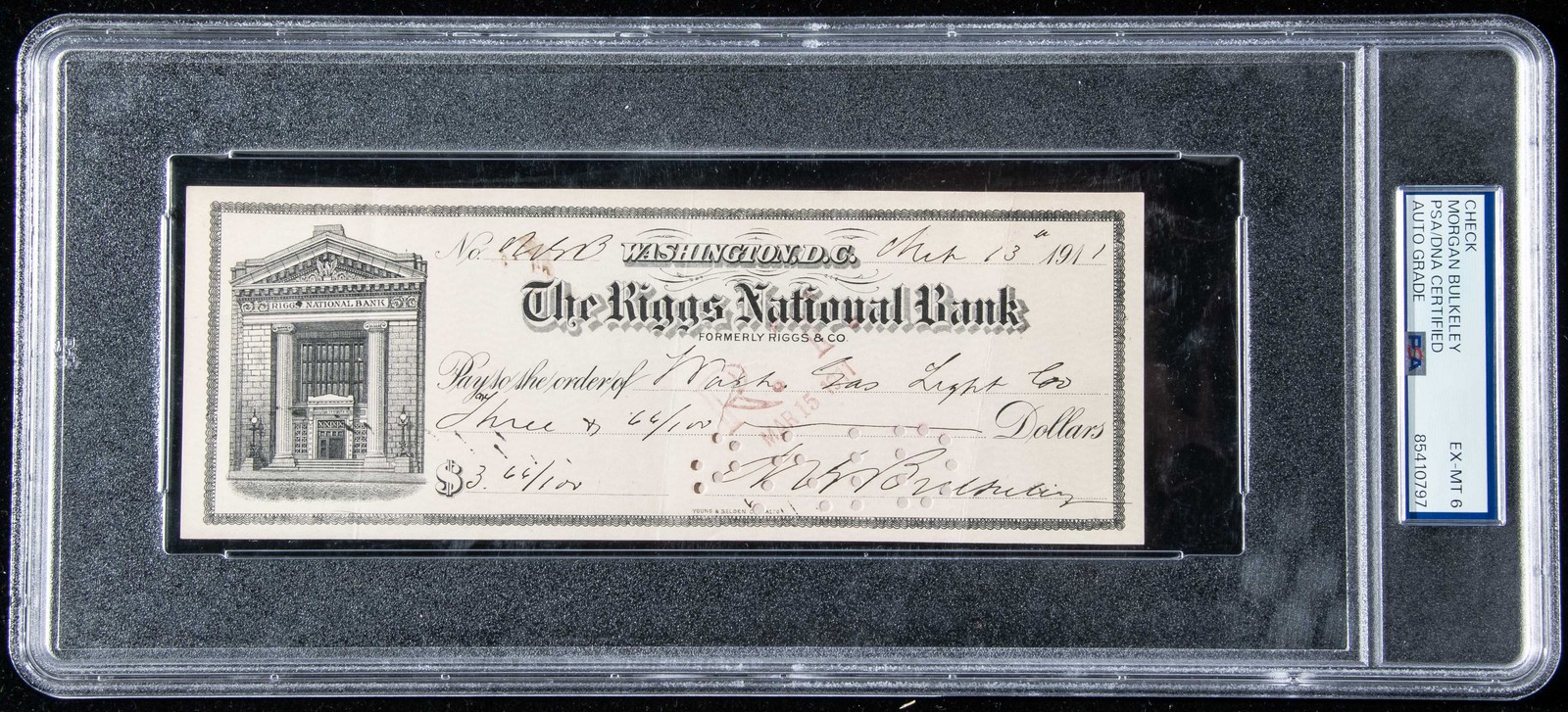 Morgan Bulkeley Baseball HOF Signed 1911 Riggs National Bank Check PSA/DNA 5417
