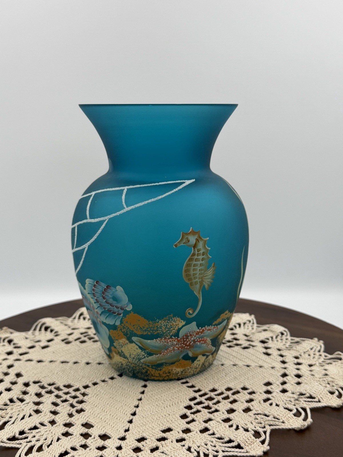 Fenton Satin Turquoise Glass Under the Sea Seahorse Vase HP by CC. Hardman Fenton Satin Turquoise Glass Under the Sea Seahorse Vase HP by CC. Hardman