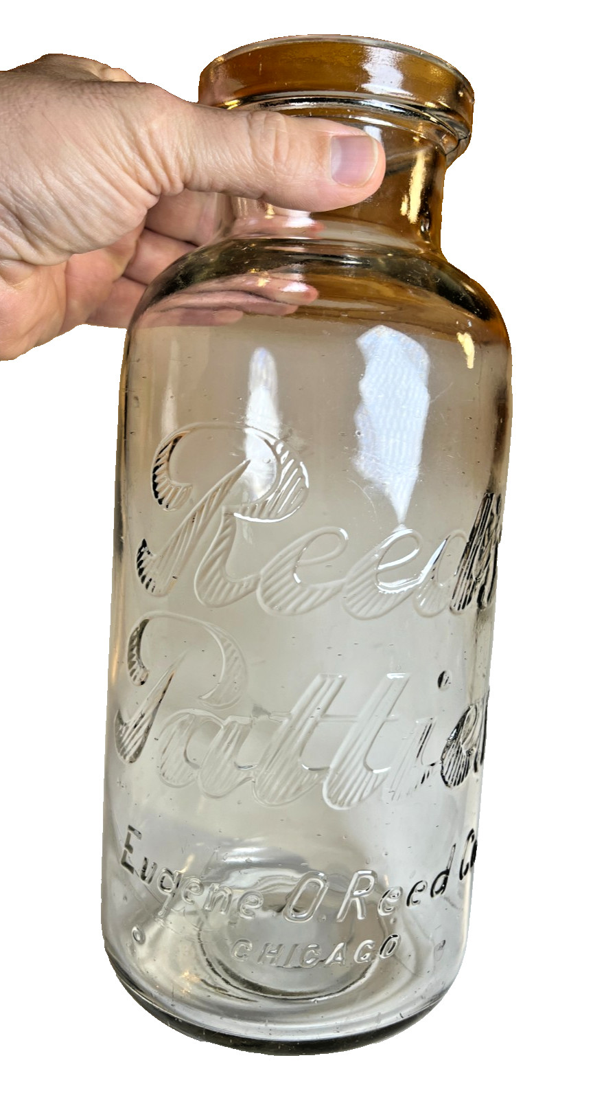 Antique Eugene O. Reed Co. Chicago Glass Candy Jar Patties Embossed Art Deco