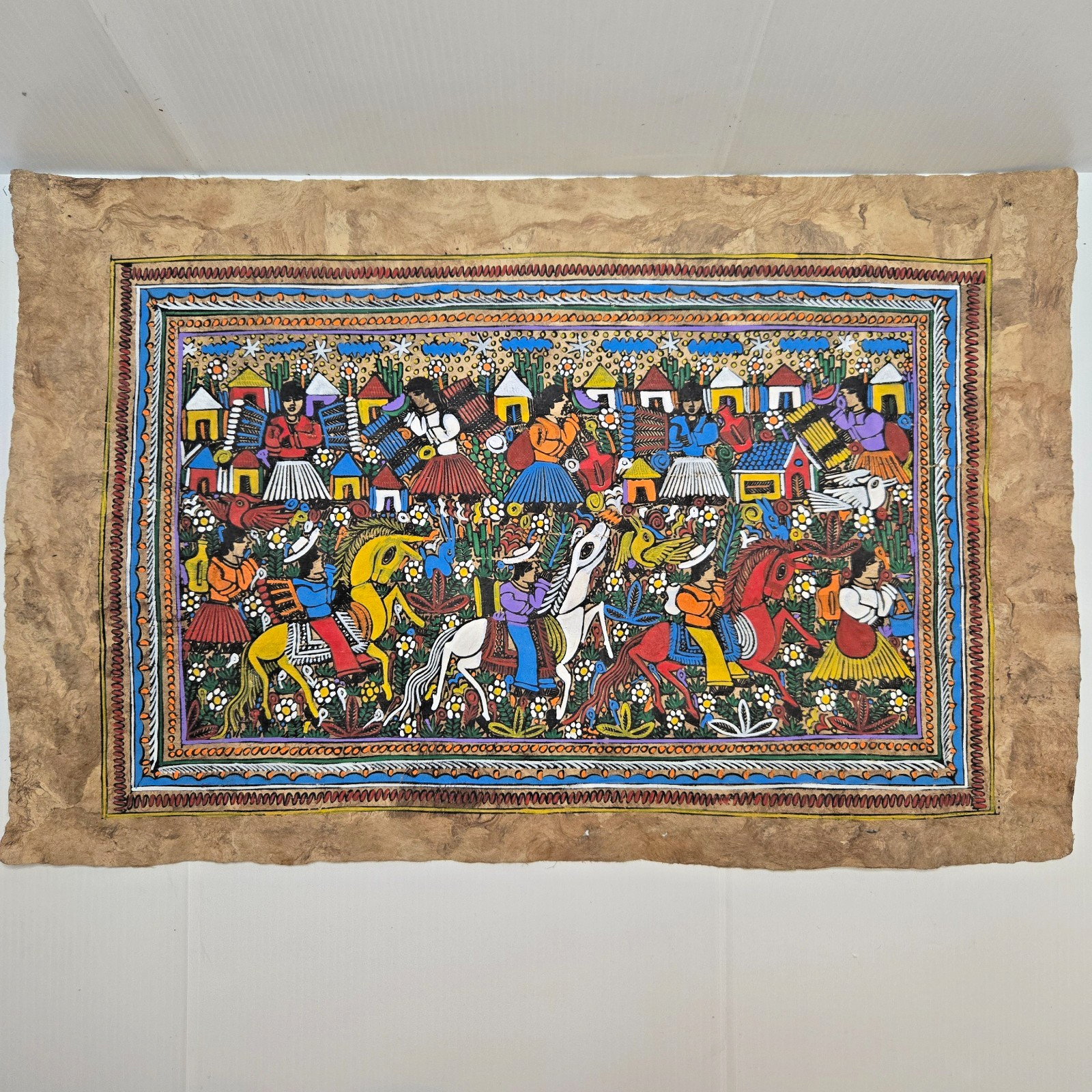Mexican Folk Art Amate Bark Painting Village Festival Scene 23x15 Vibrant Color Mexican Folk Art Amate Bark Painting Village Festival Scene 23x15 Vibrant Color