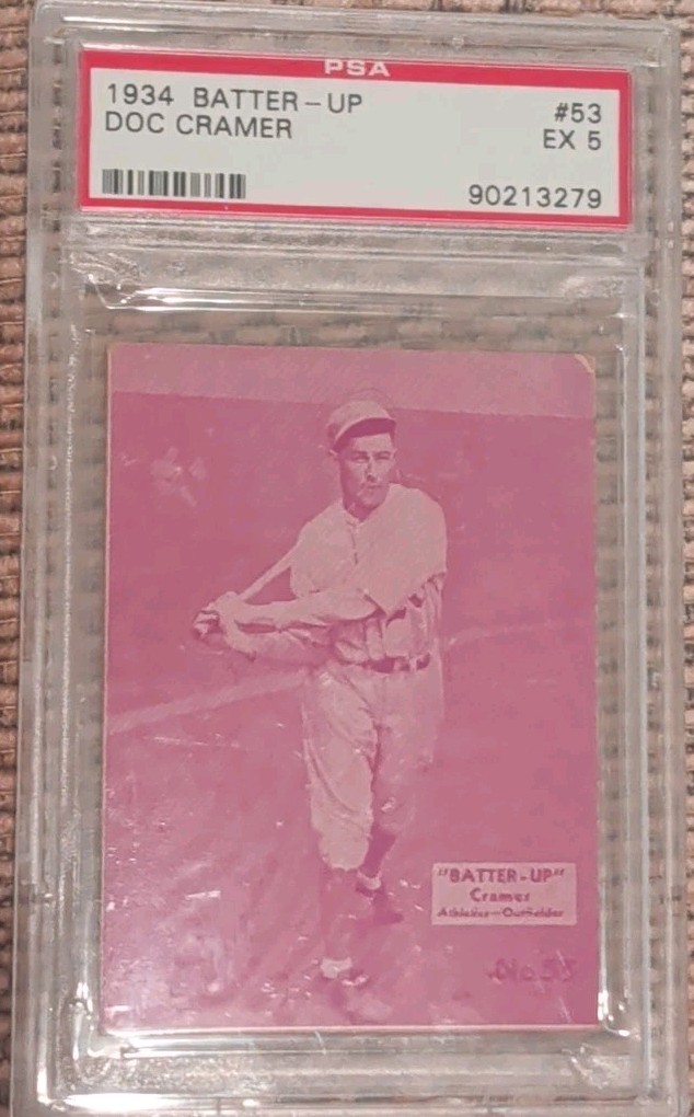 1934 BATTER-UP #53 Doc Cramer Philadelphia Athletics PINK VARIATION PSA 5 1934 BATTER-UP #53 Doc Cramer Philadelphia Athletics PINK VARIATION PSA 5