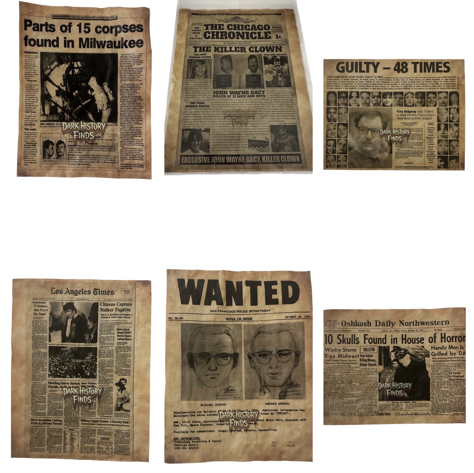 Serial Killers Newspaper Headlines 6 Pack/ Featuring ￼ Six Notorious Killers