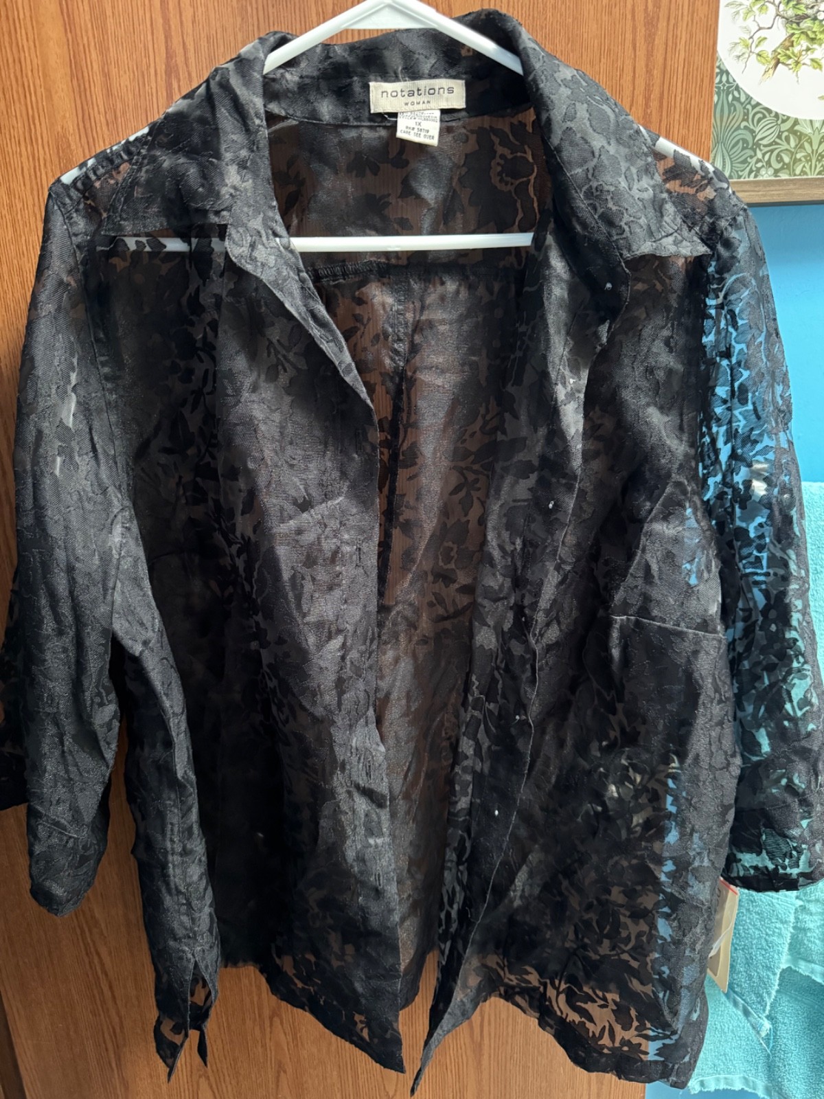 Notations Women Sheer Button-Up Black Plus Size 1X NWT