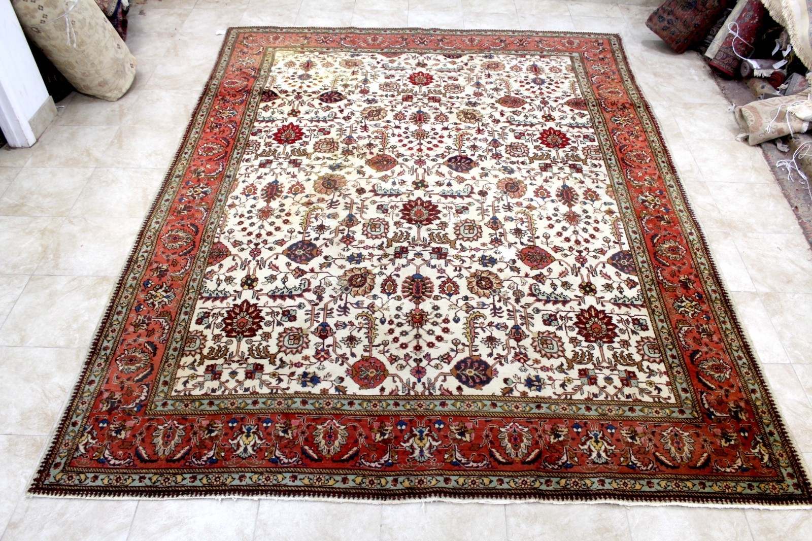 10X13 1940\'s ANTIQUE HAND KNOTTED VEGETABLE DYE IVORY TABRIZZ WOOL PERSIANN RUG