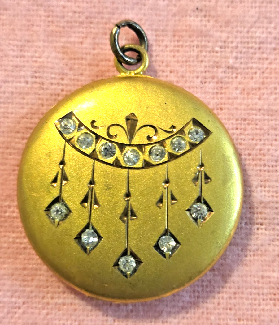 Antique Edwardian Chandelier Fringe Locket Gold Filled Round Paste Rhinestone