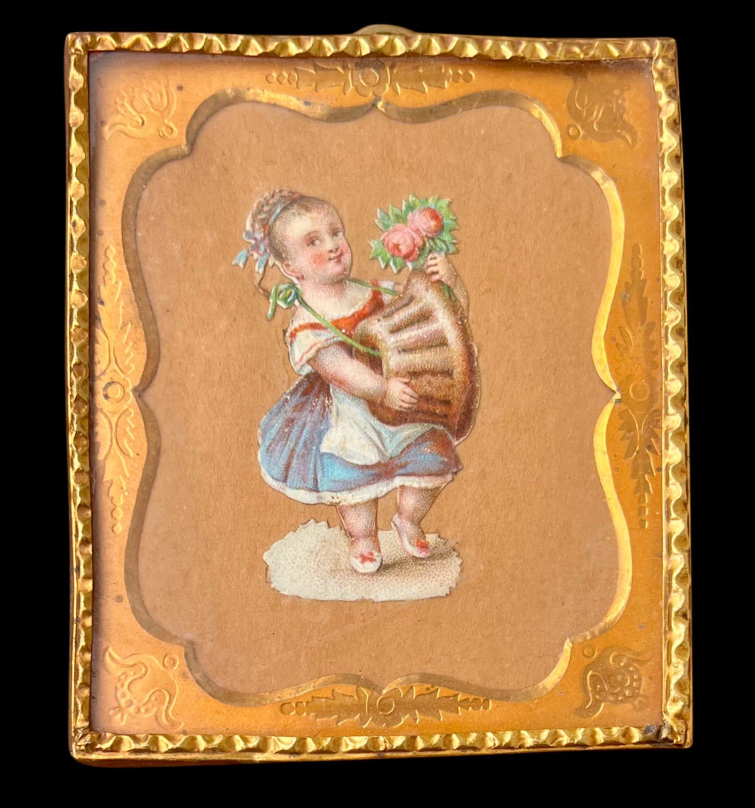 Antique Victorian Ephemera Embossed Copper Girl W/Basket Of Camellia Flowers Antique Victorian Ephemera Embossed Copper Girl W/Basket Of Camellia Flowers
