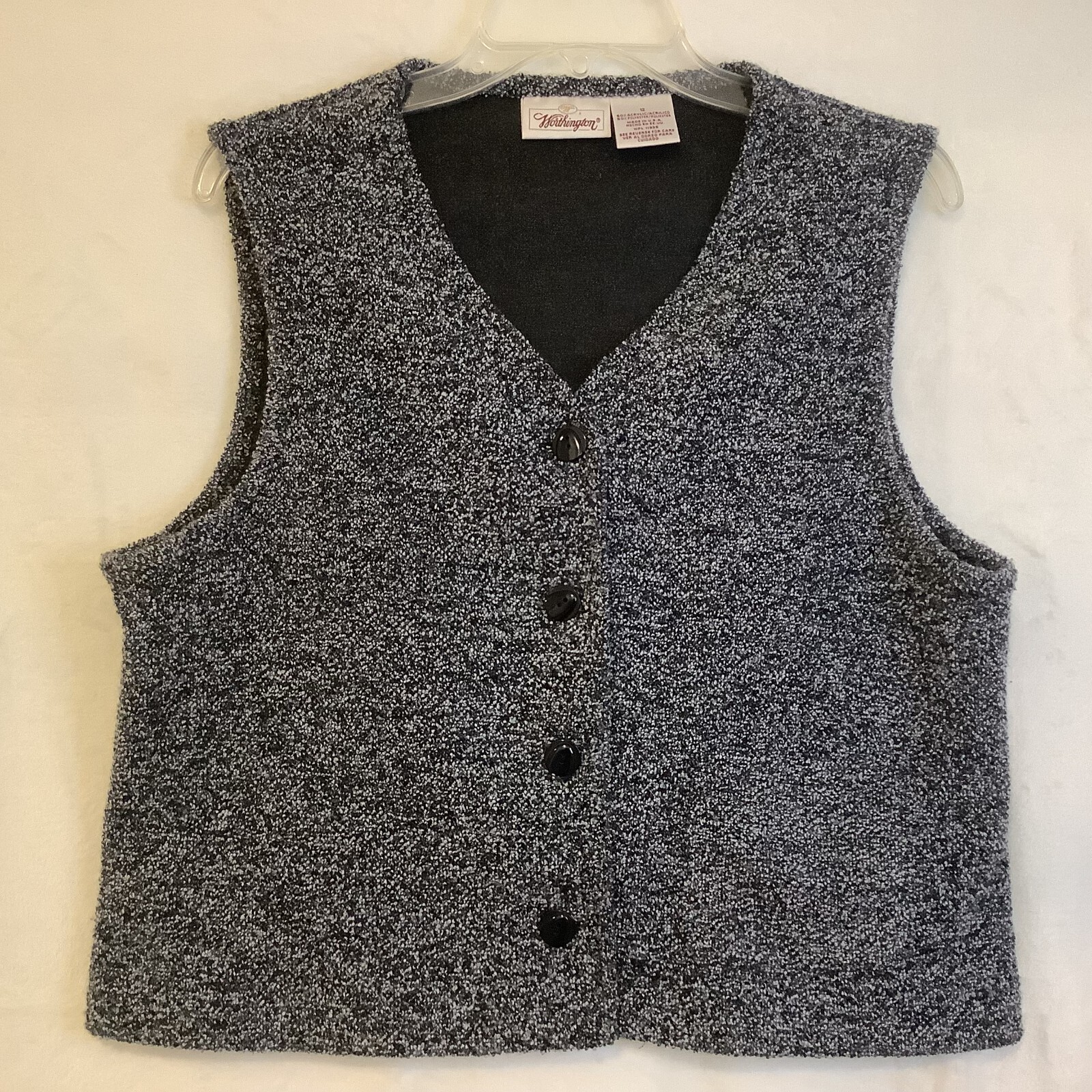Vintage Worthington V-neck Vest Salt-and-Pepper Charcoal Knit 4-Button USA Y2K
