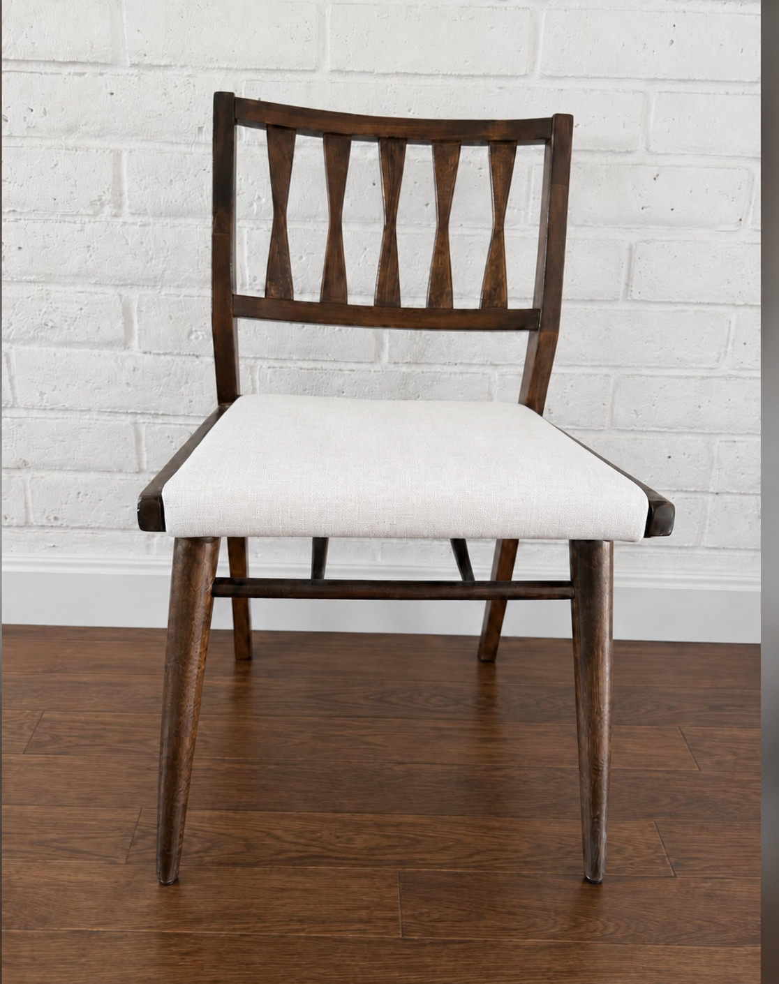 Vintage refinished wood dining chair cream upholstered seat