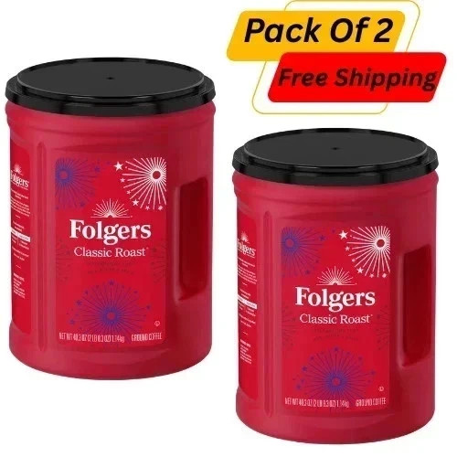 2 PACK Folgers Classic Roast Medium Roast Ground Coffee, 40.3 oz Canister 