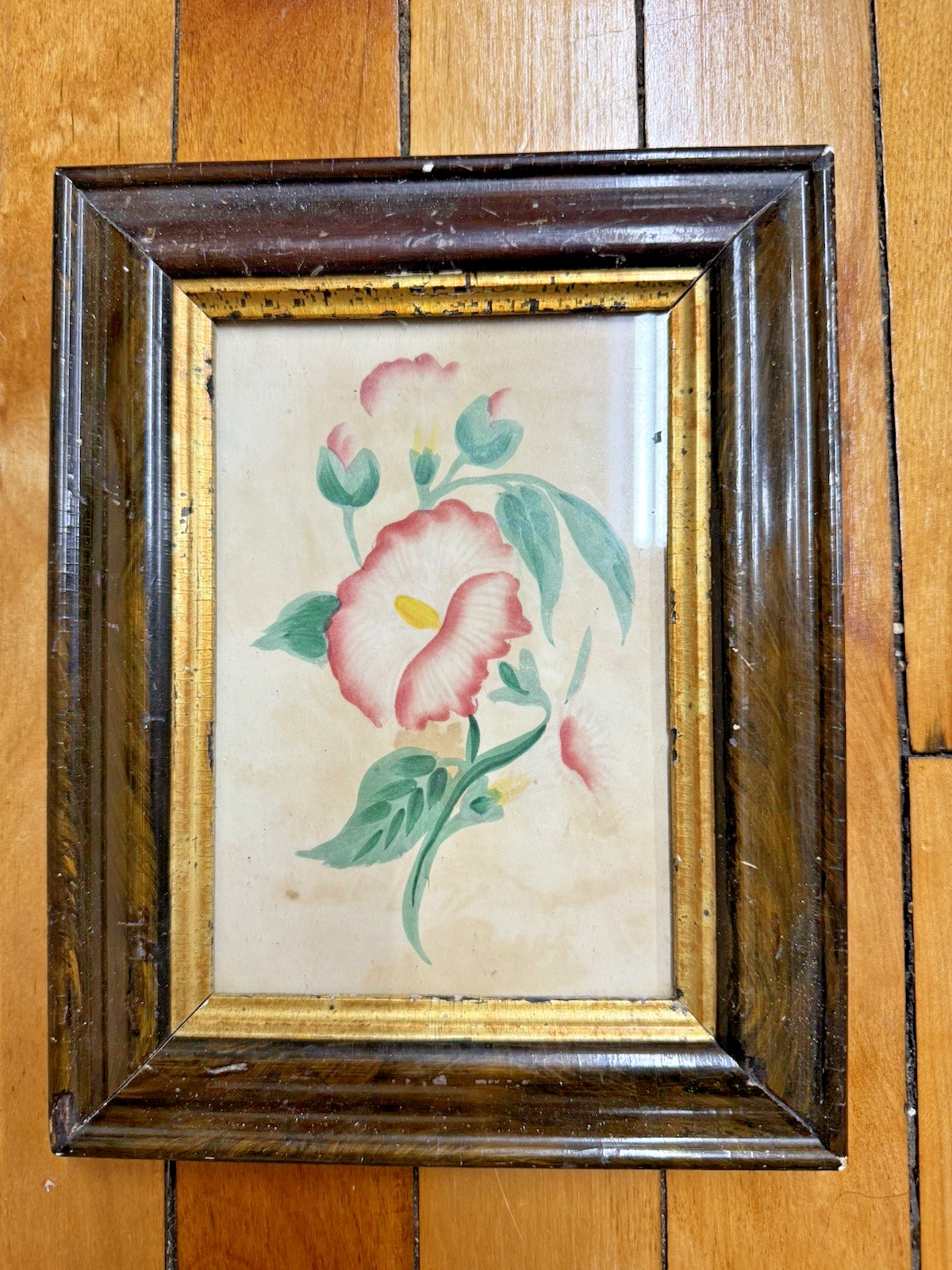 Antique Folk Art Watercolor Theorem Painting in frame 19th C Antique Folk Art Watercolor Theorem Painting in frame 19th C