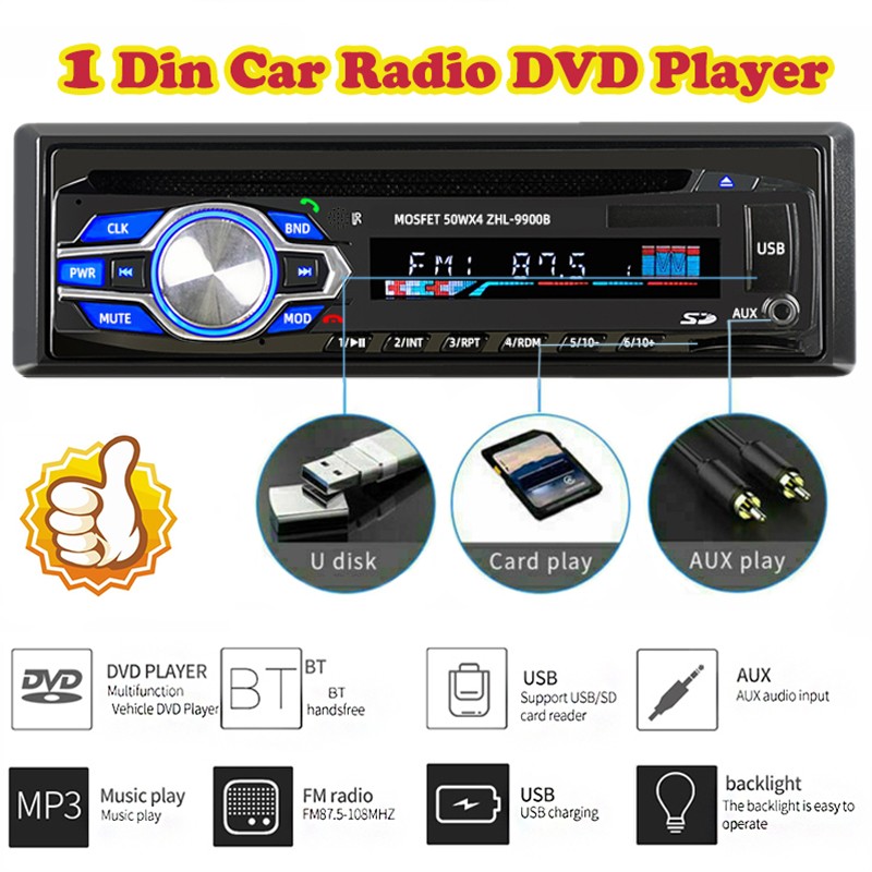 Single 1 Din Car Radio Audio Stereo DVD CD MP3 Player Bluetooth USB/AUX/SD/FM