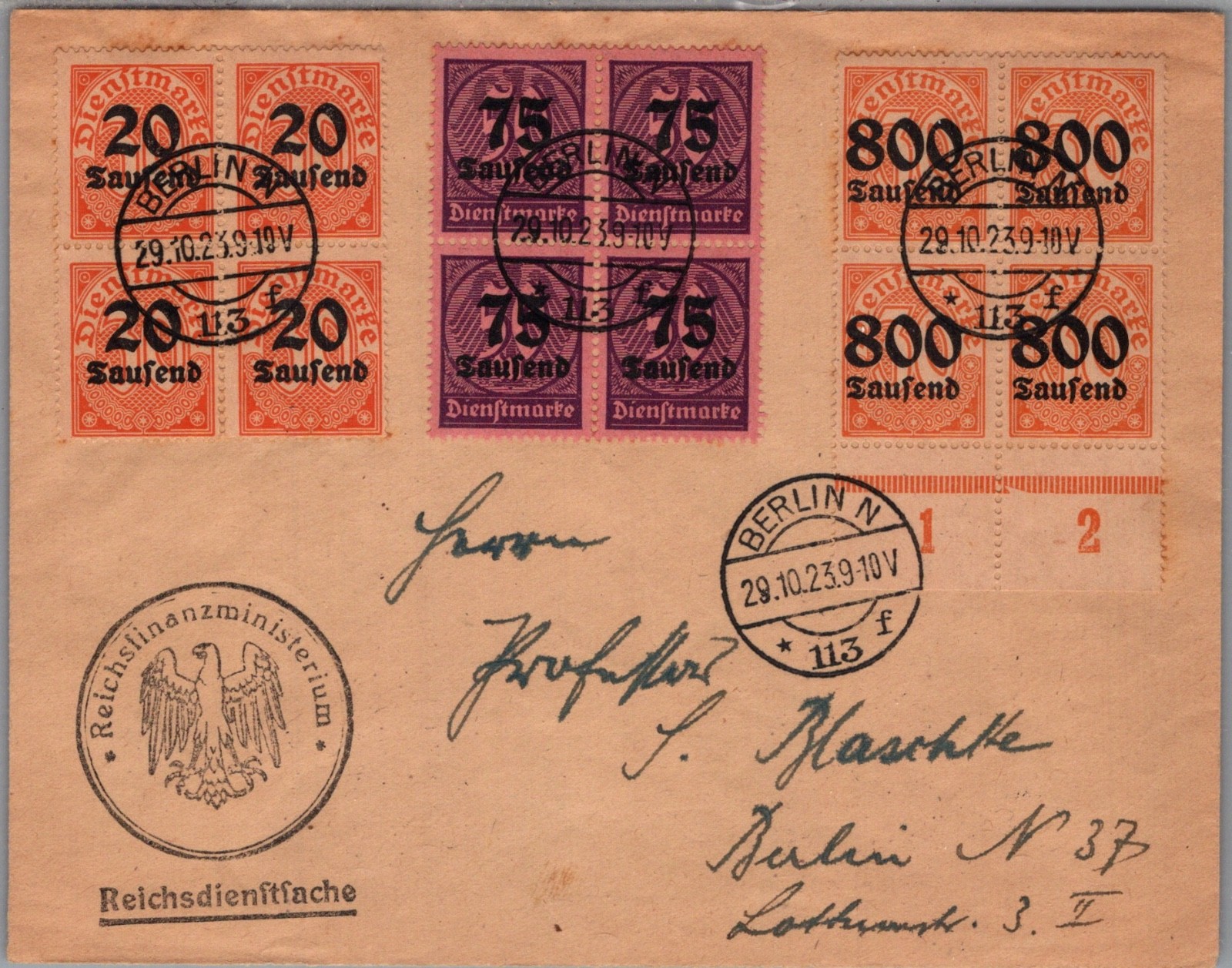 GERMANY 1923 INFLATION OFFICIAL COVER MULT FRANKED BLOCKS ADDR & POSTMARK BERLIN GERMANY 1923 INFLATION OFFICIAL COVER MULT FRANKED BLOCKS ADDR & POSTMARK BERLIN